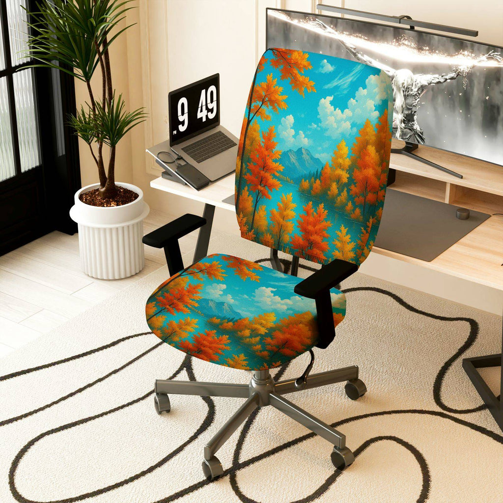 2-Piece Autumn Mountain Forest Scenic Nature  Computer Chair Cover Set, Seat and Backrest