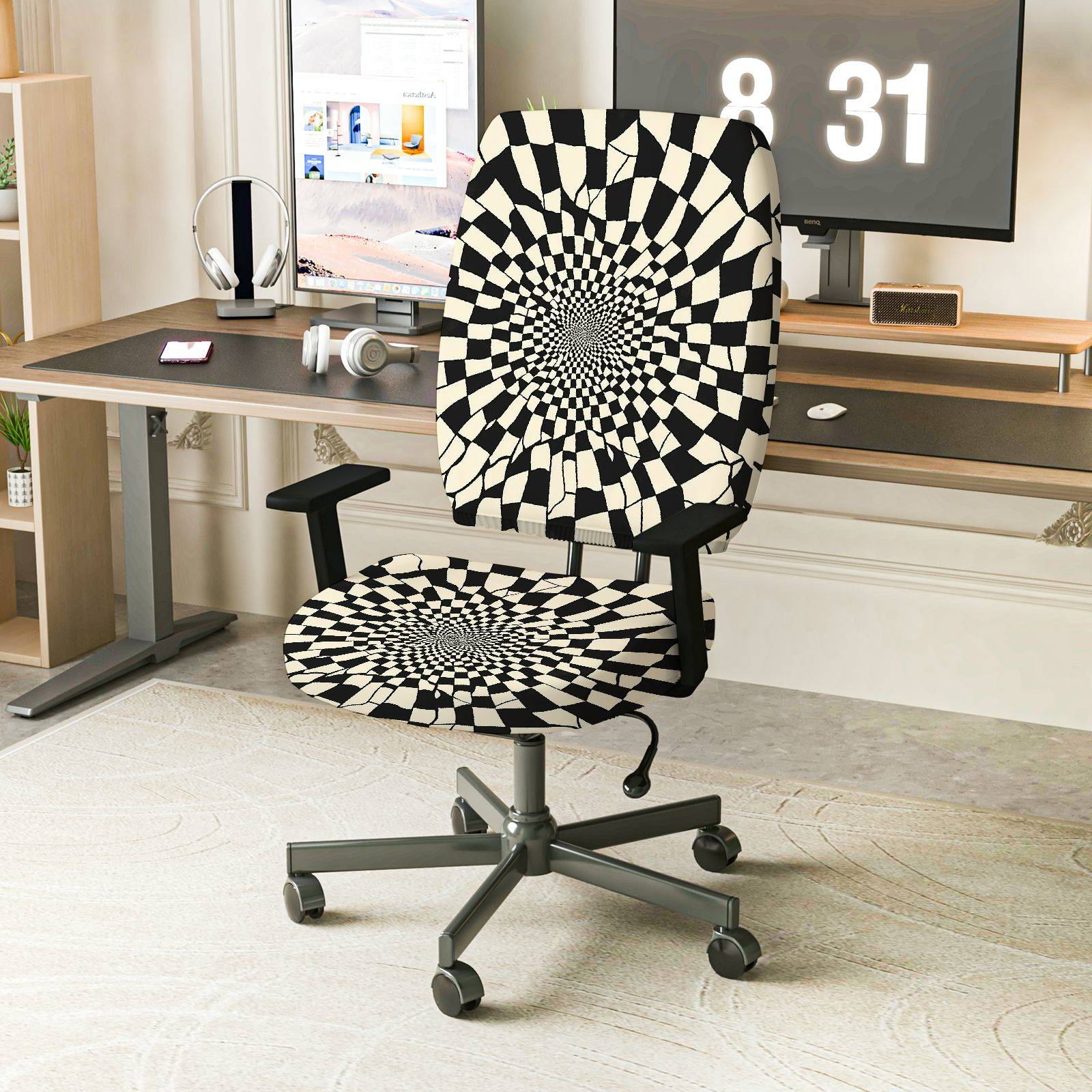 2-Piece Geometric Optical Illusion Black White Swirl  Computer Chair Cover Set, Seat and Backrest