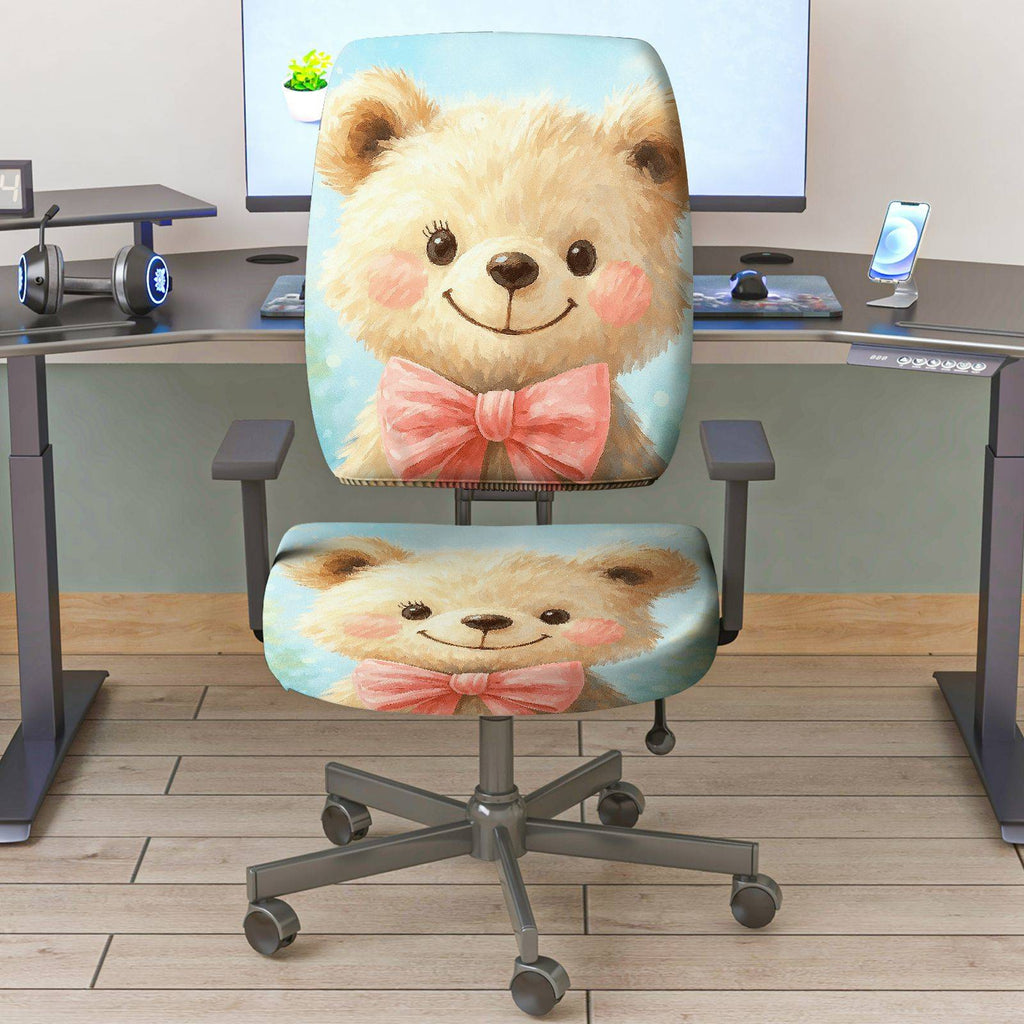 2-Piece Animal Cute Bow Smiling Bear Decorative  Computer Chair Cover Set, Seat and Backrest