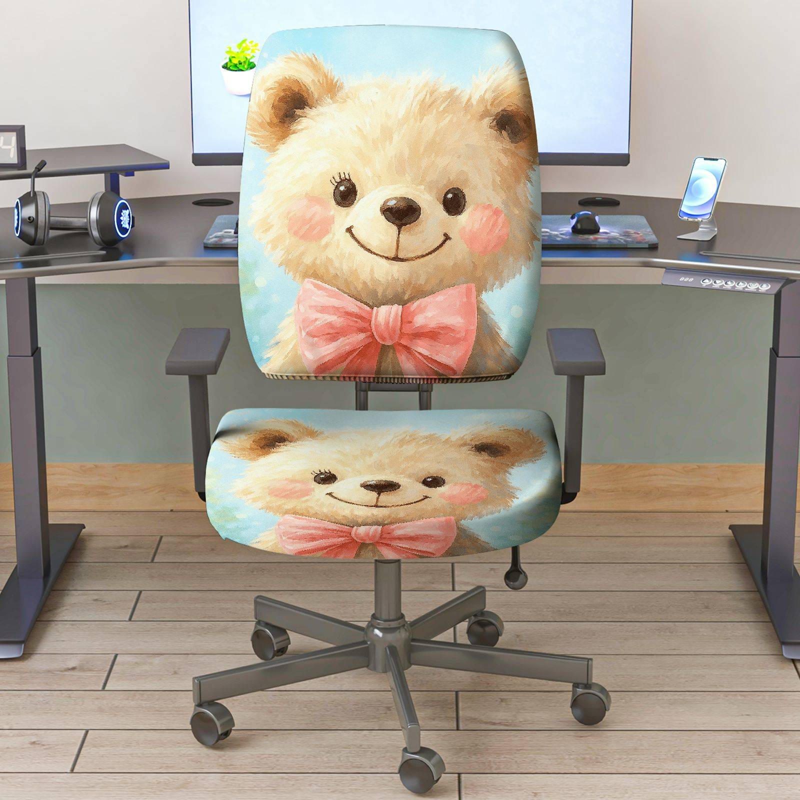 2-Piece Animal Cute Bow Smiling Bear Decorative  Computer Chair Cover Set, Seat and Backrest