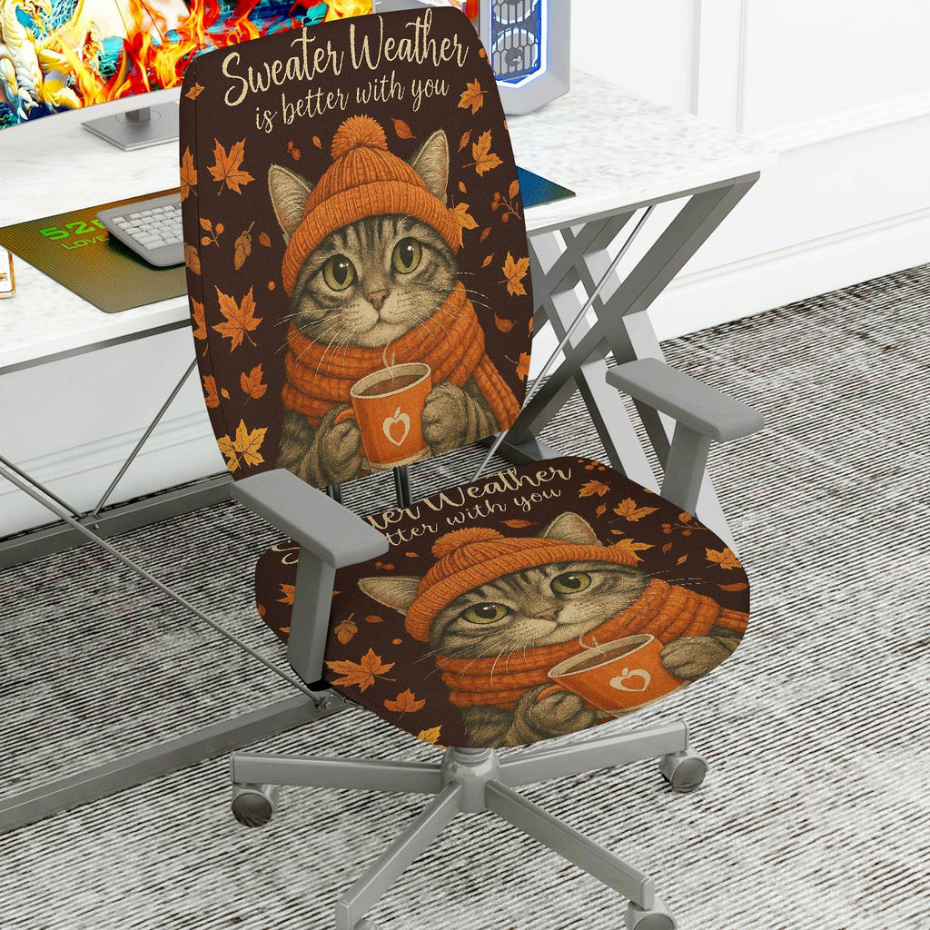 2-Piece Autumn Cat Sweater Leaves Print Home  Computer Chair Cover Set, Seat and Backrest