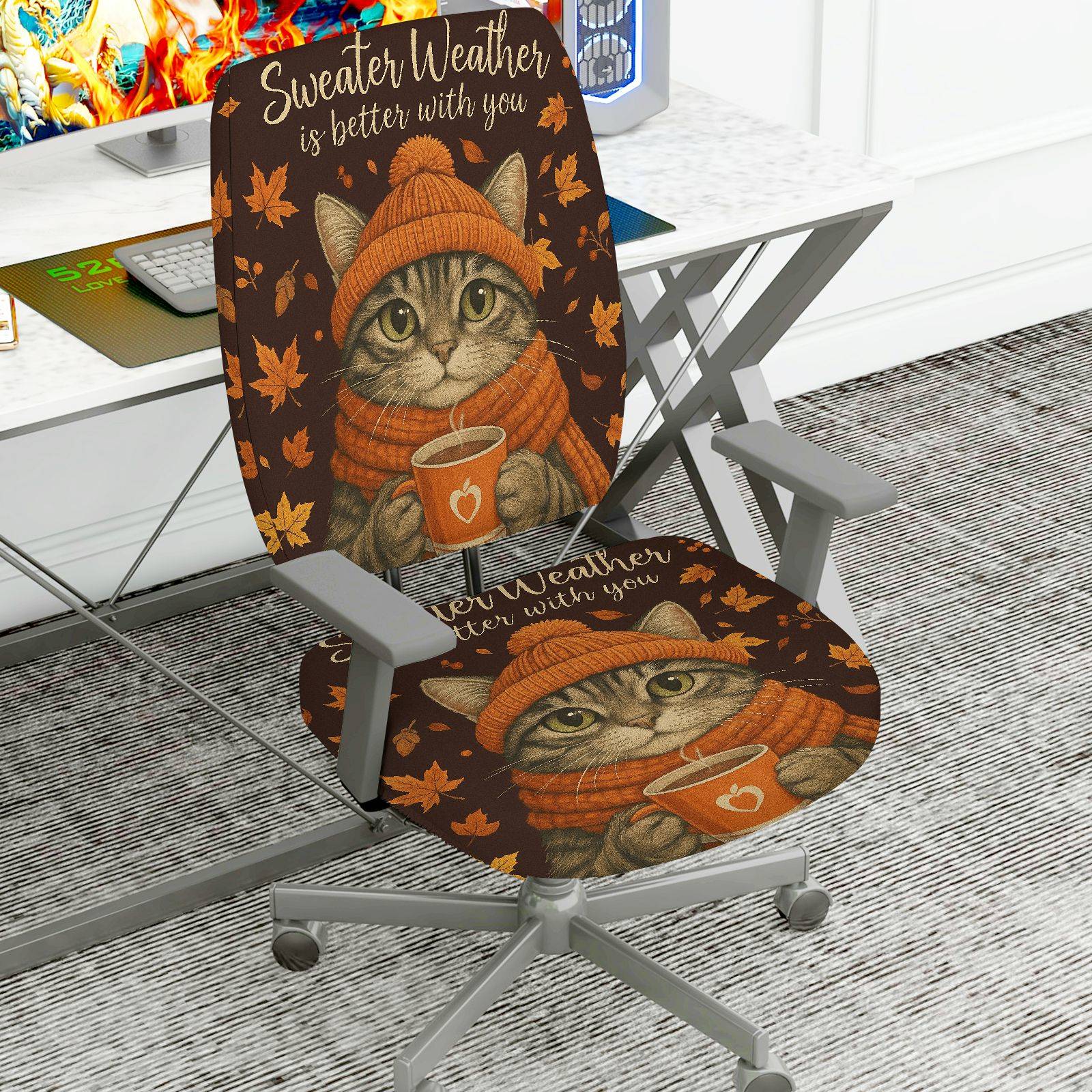 2-Piece Autumn Cat Sweater Leaves Print Home  Computer Chair Cover Set, Seat and Backrest