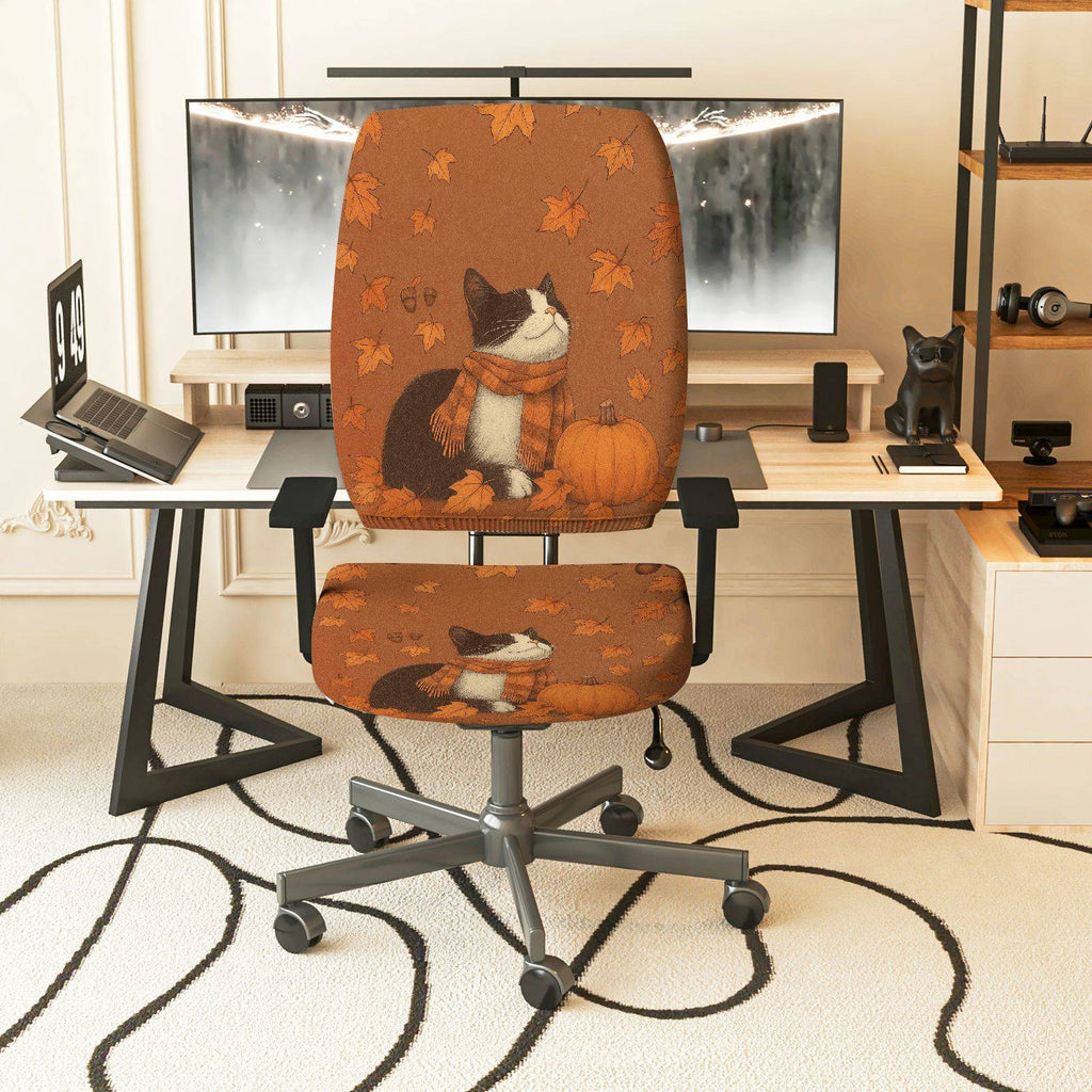 2-Piece Autumn Leaves Pumpkin Cat Warm  Computer Chair Cover Set, Seat and Backrest