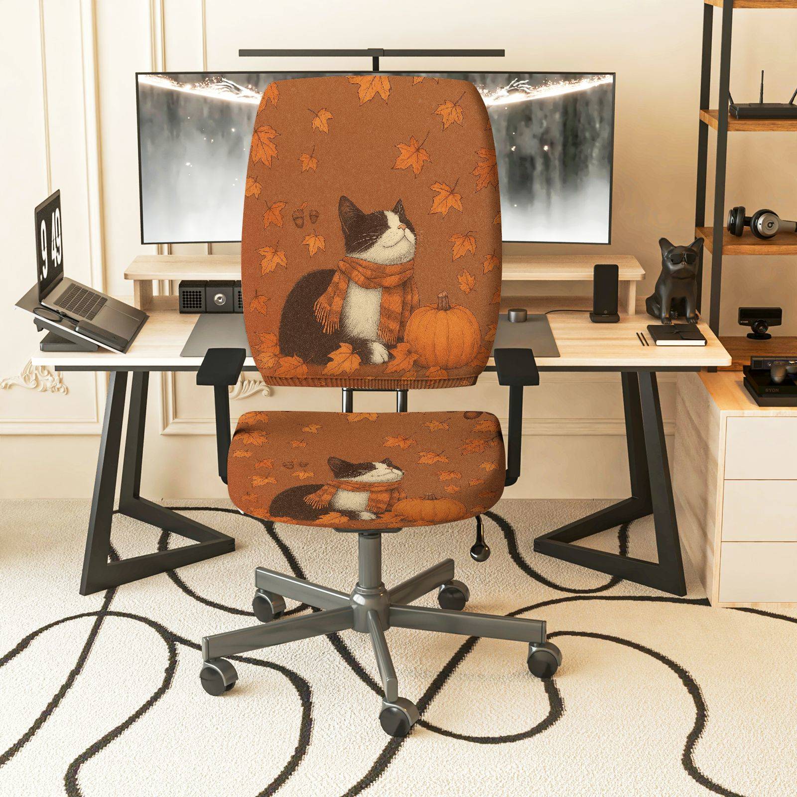 2-Piece Autumn Leaves Pumpkin Cat Warm  Computer Chair Cover Set, Seat and Backrest