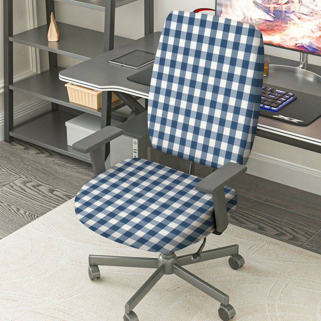 2-Piece Blue Checkered Pattern Stretch  Computer Chair Cover Set, Seat and Backrest