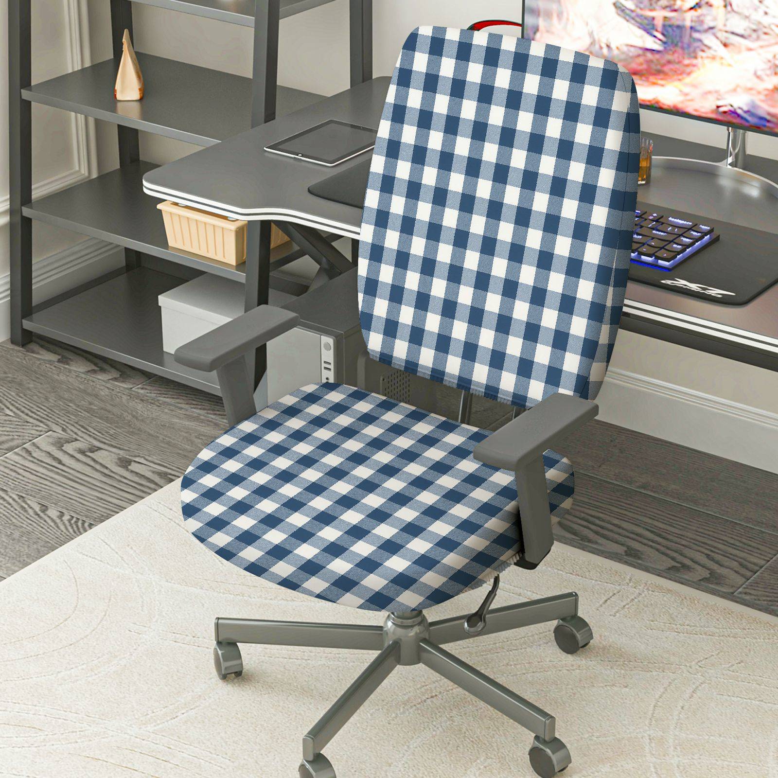 2-Piece Blue Checkered Pattern Stretch  Computer Chair Cover Set, Seat and Backrest