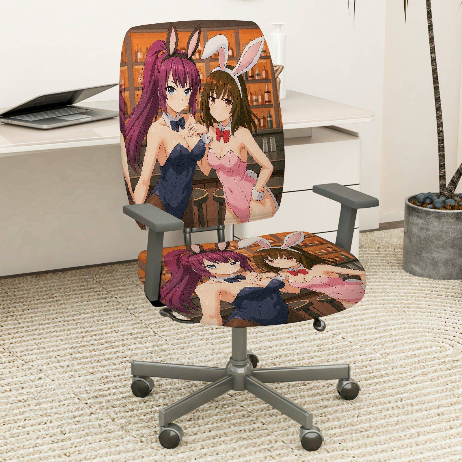 2-Piece Anime Bunny Girl Bar Style Gaming  Computer Chair Cover Set, Seat and Backrest