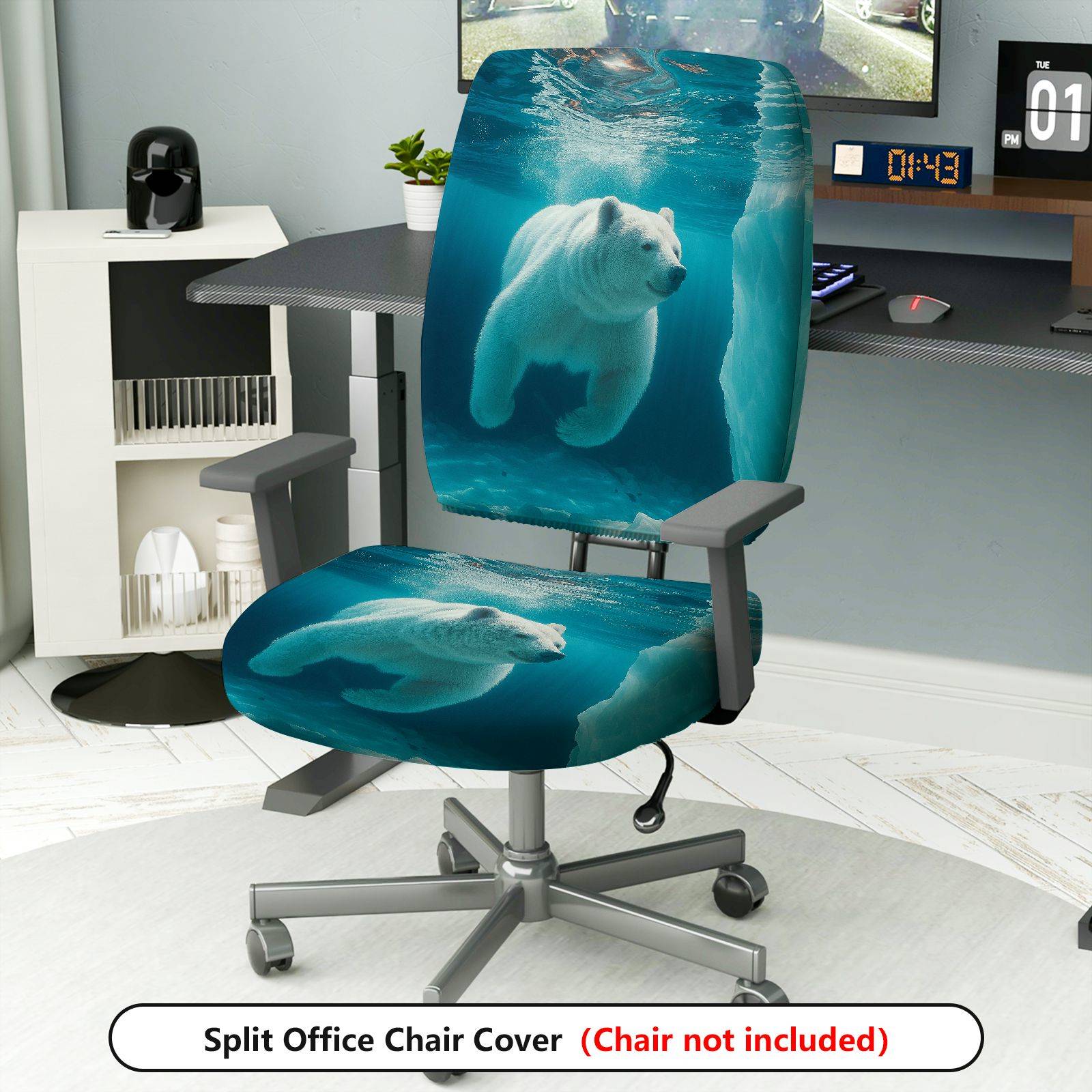 2-Piece Arctic Polar Bear Underwater Theme  Computer Chair Cover Set, Seat and Backrest