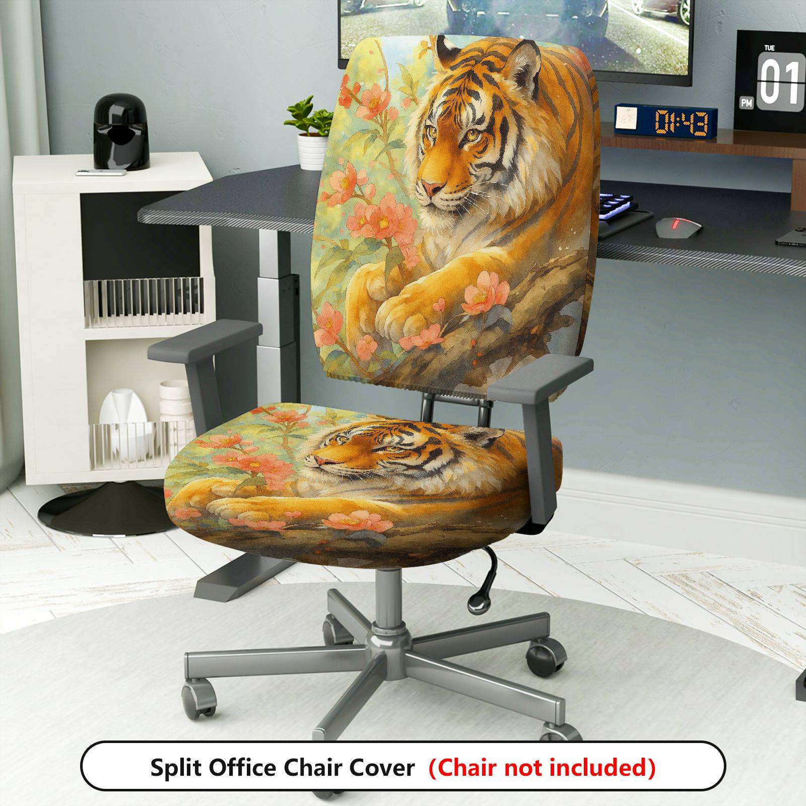 2-Piece Animal Tiger Floral Nature Art  Computer Chair Cover Set, Seat and Backrest