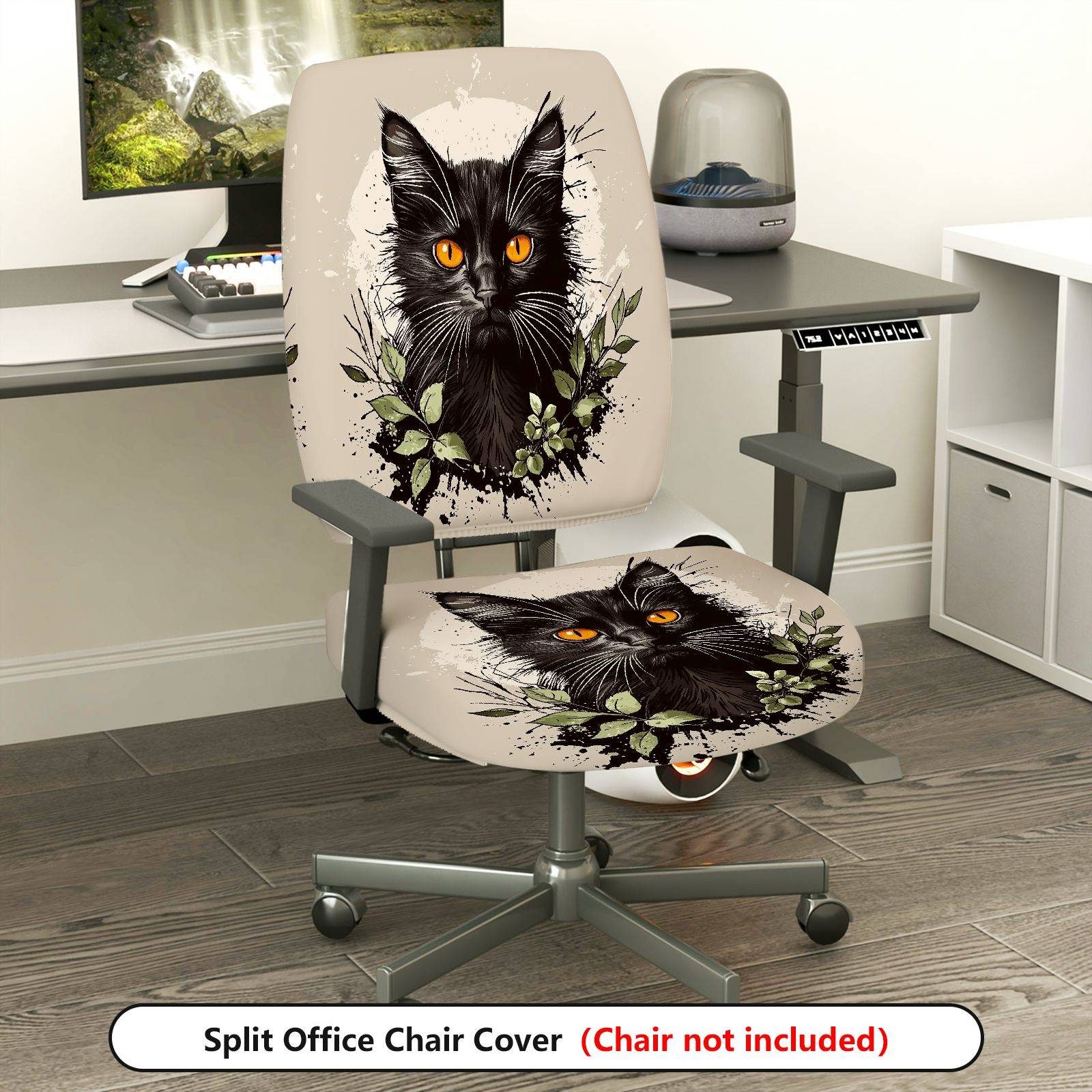2-Piece Black Cat Floral Animal Pattern  Computer Chair Cover Set, Seat and Backrest
