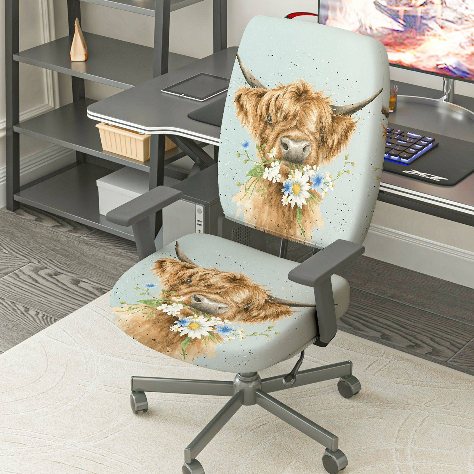 2-Piece Cute Animal Highland Cow Floral Printed Pastoral Style  Computer Chair Cover Set, Seat and Backrest