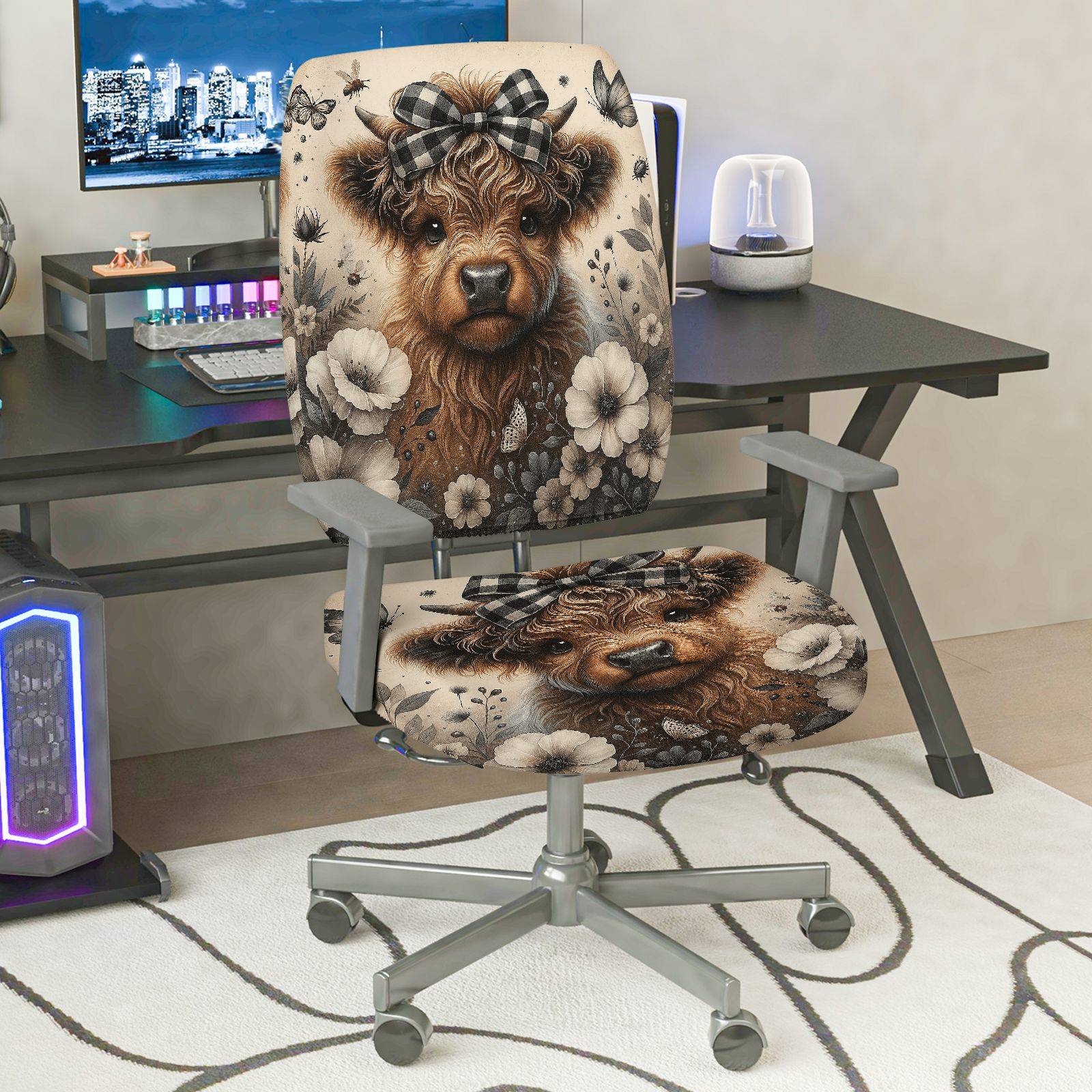 2-Piece Cute Animal Floral Bow Playful Holiday  Computer Chair Cover Set, Seat and Backrest