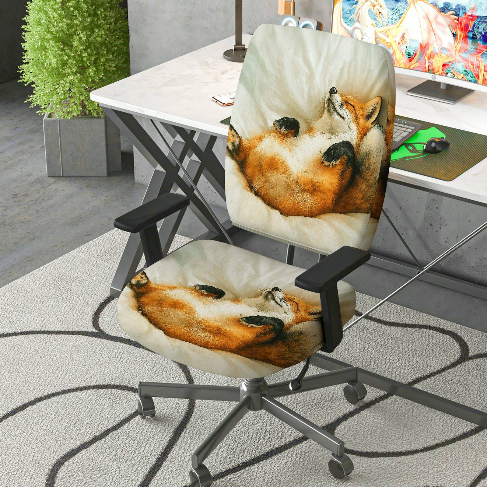 2-Piece Animal Fox Relaxing Cozy Printed  Computer Chair Cover Set, Seat and Backrest