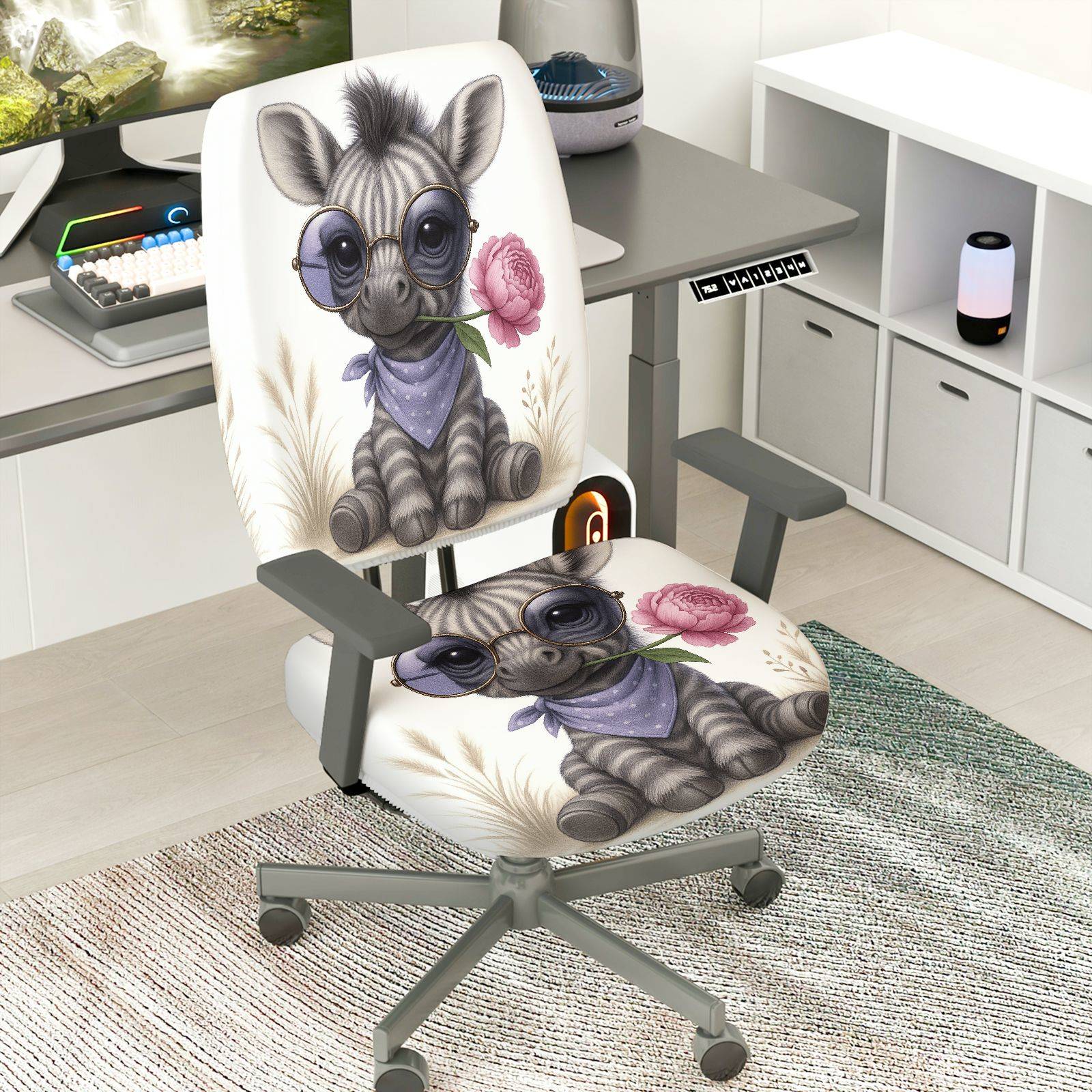 2-Piece Cute Animal Floral Pattern  Computer Chair Cover Set, Seat and Backrest