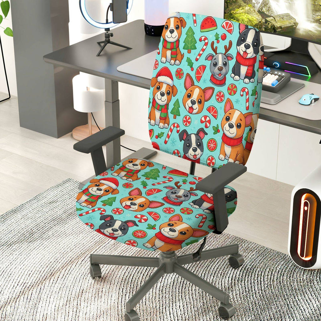 2-Piece Christmas Dog Candy Snowflake Tree  Computer Chair Cover Set, Seat and Backrest