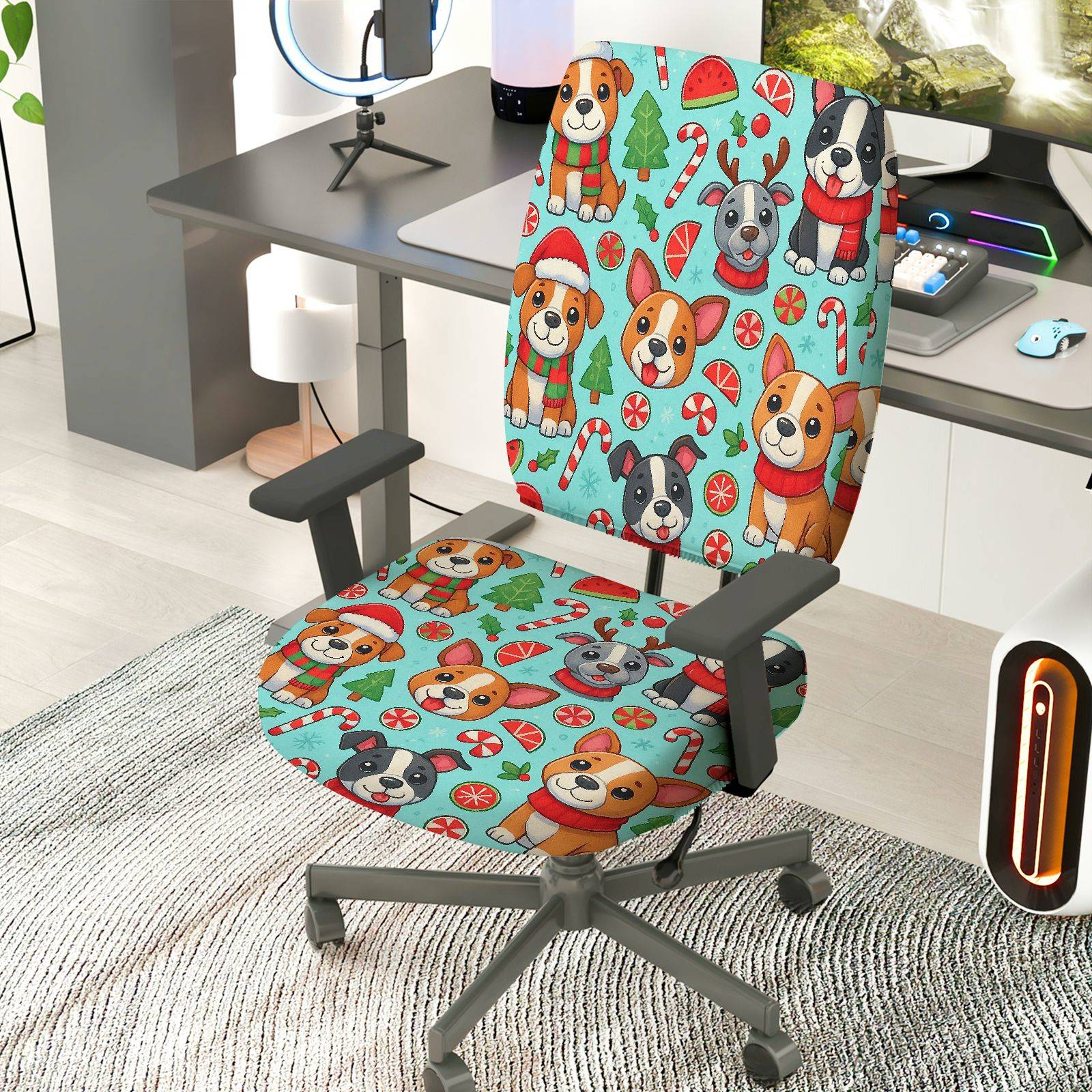 2-Piece Christmas Dog Candy Snowflake Tree  Computer Chair Cover Set, Seat and Backrest