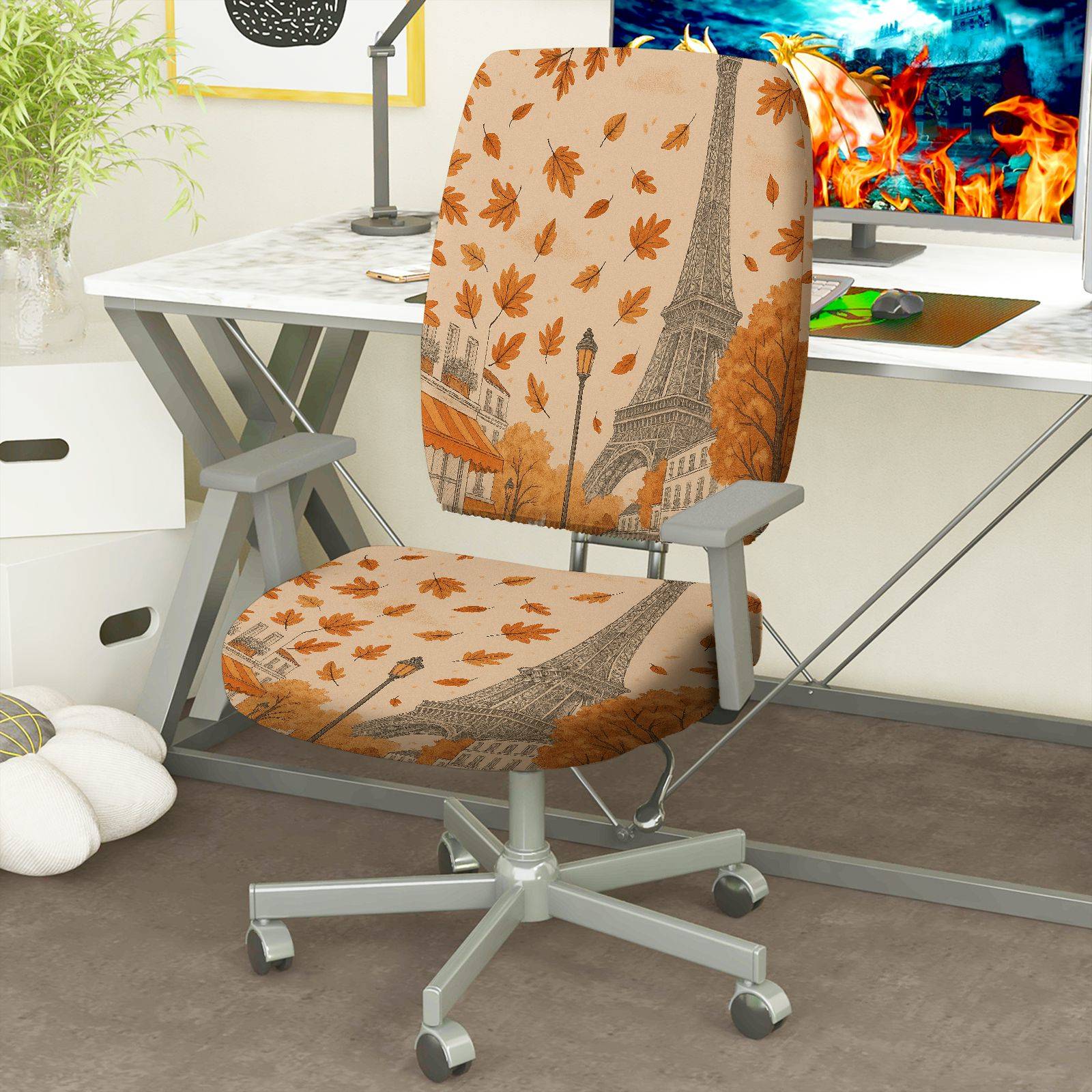 2-Piece Autumn Eiffel Tower Paris Leaves Scenic Print  Computer Chair Cover Set, Seat and Backrest
