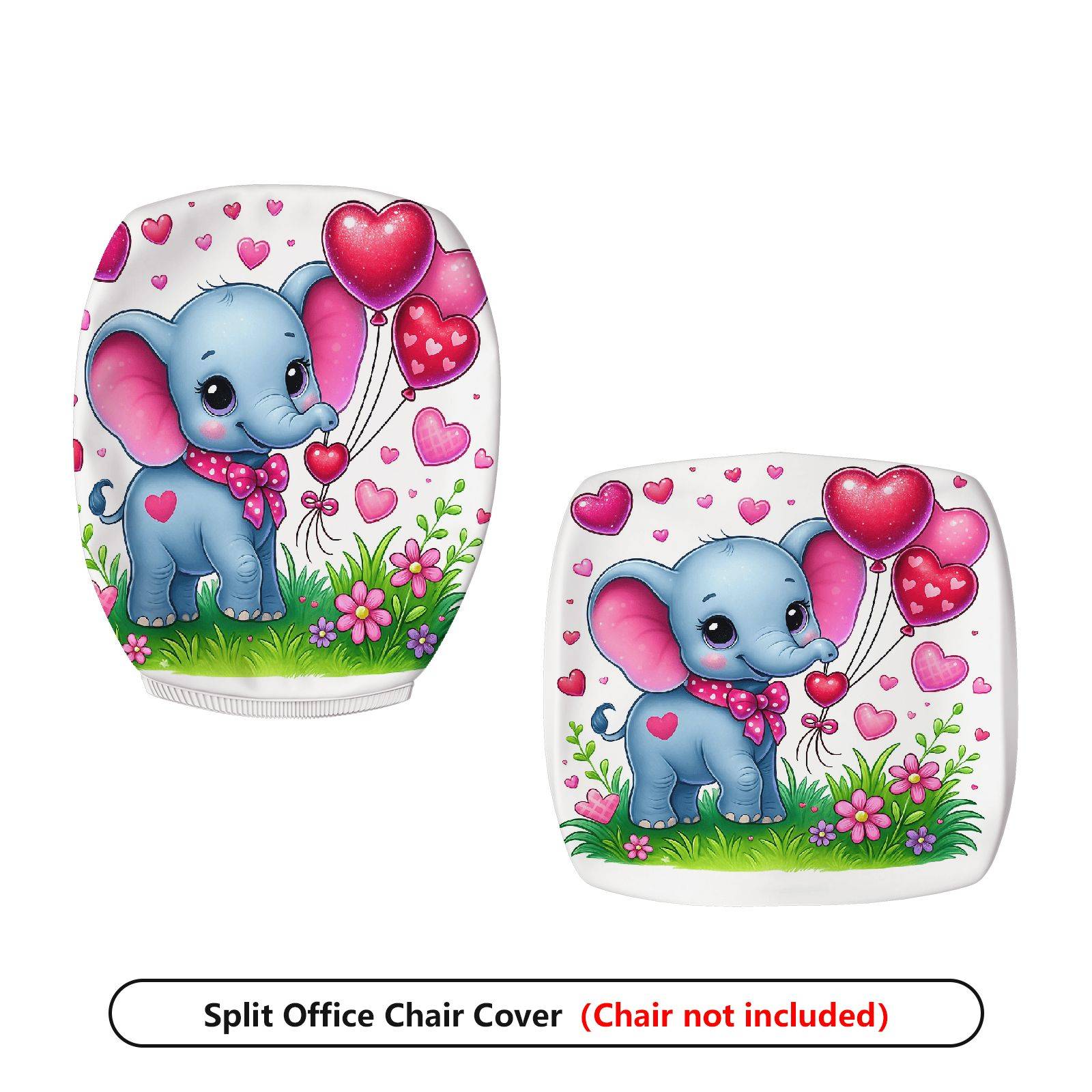 2-Piece Cute Elephant Heart Balloon Flower Grass  Computer Chair Cover Set, Seat and Backrest