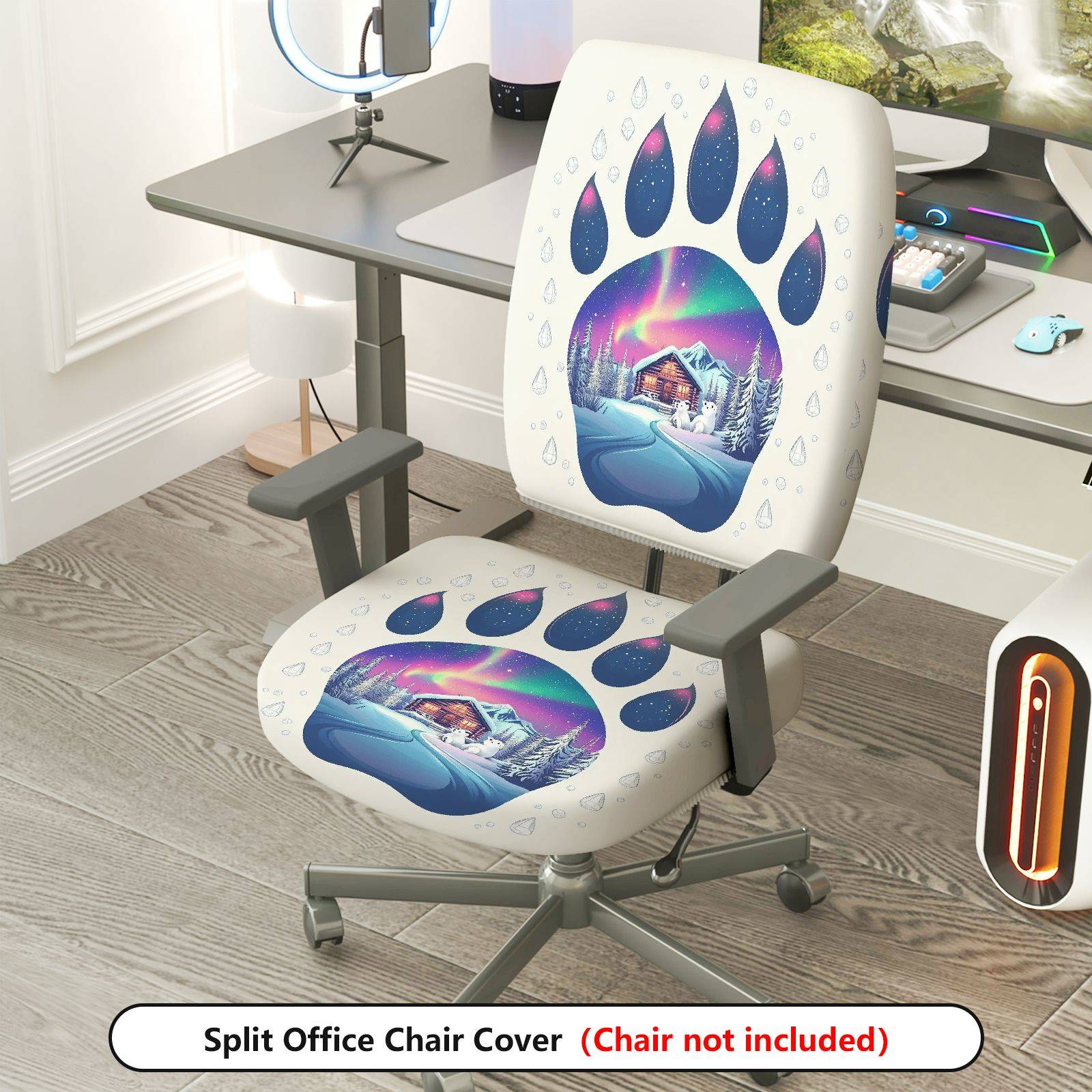 2-Piece Aurora Winter Cabin Snowflake Paw  Computer Chair Cover Set, Seat and Backrest