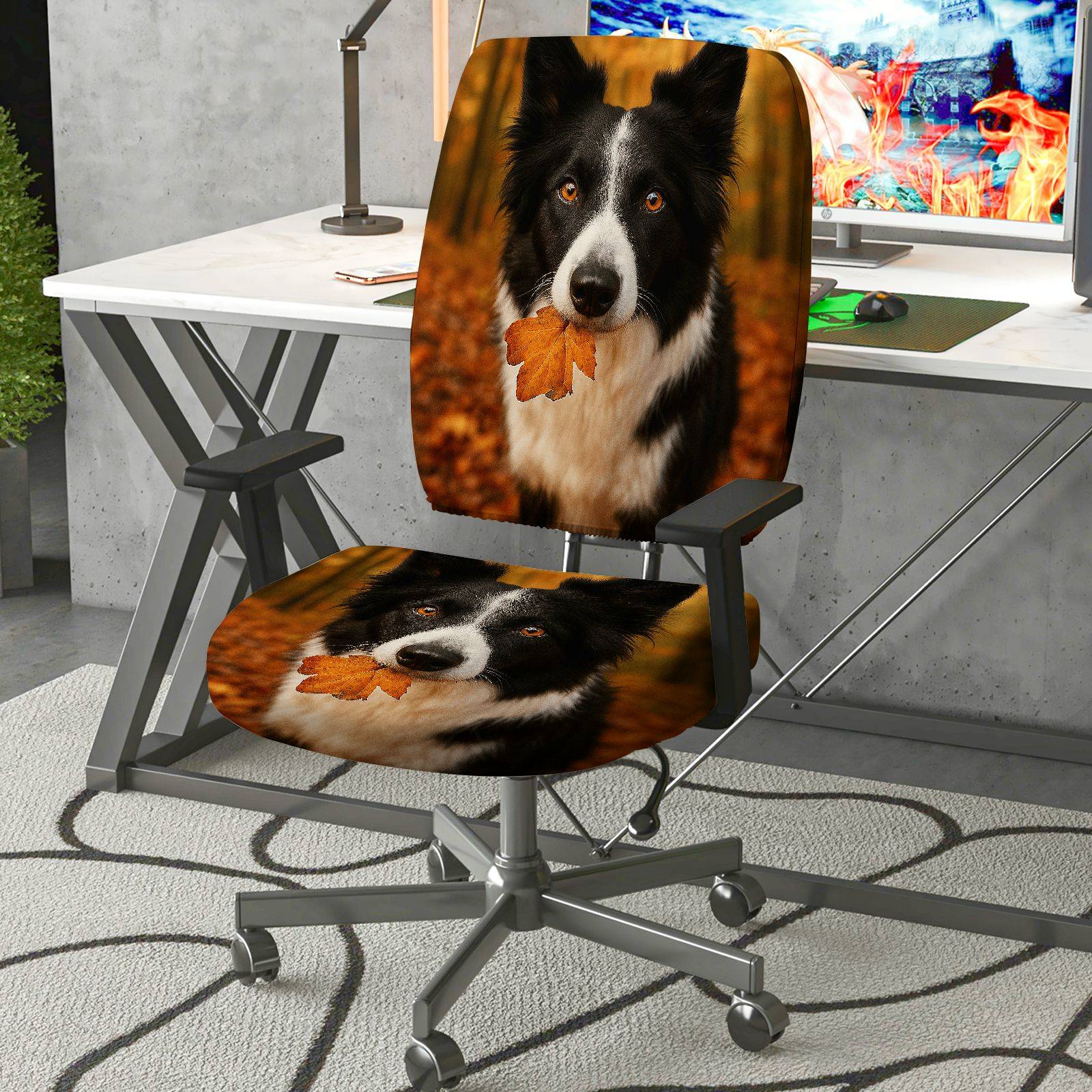 2-Piece Autumn Dog Leaf Nature Cozy  Computer Chair Cover Set, Seat and Backrest