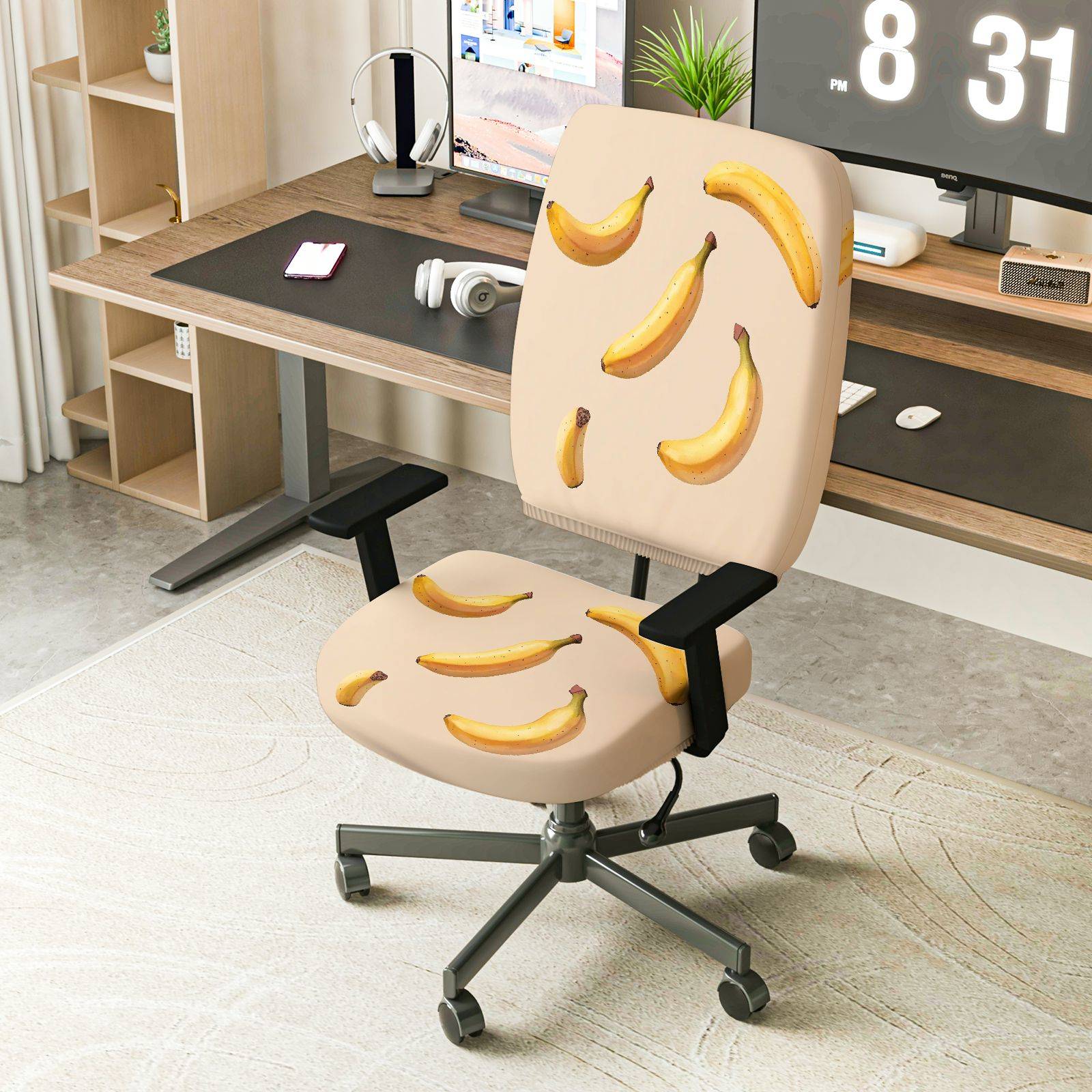 2-Piece Banana Fruit Pattern Stylish Fun Quirky  Computer Chair Cover Set, Seat and Backrest