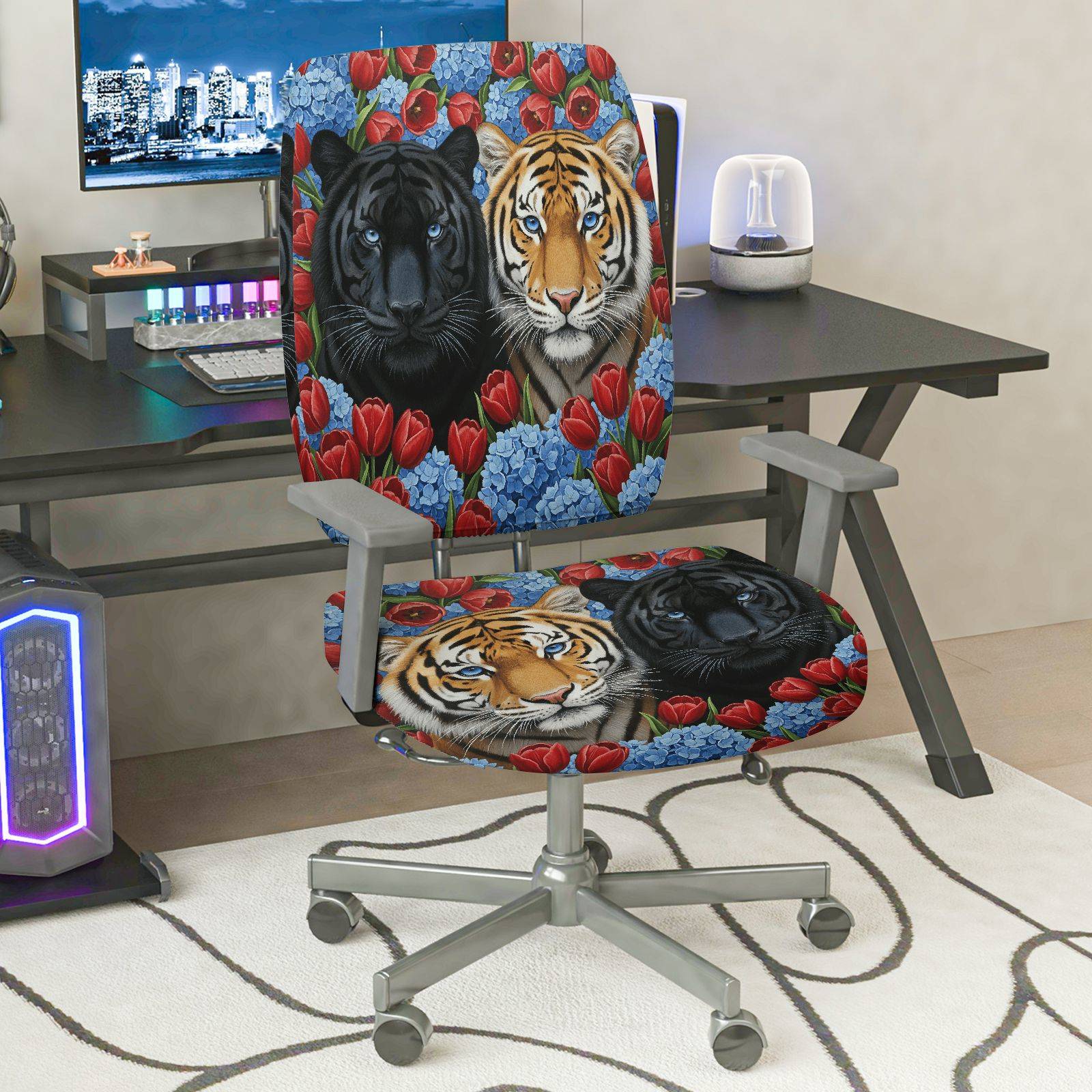 2-Piece Tiger Panther Floral Colorful Animal Pattern  Computer Chair Cover Set, Seat and Backrest