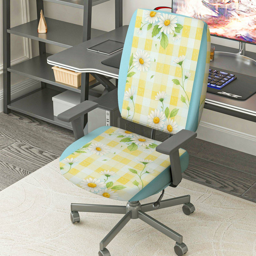 2-Piece Yellow Floral Daisy Checkered Spring Summer  Computer Chair Cover Set, Seat and Backrest