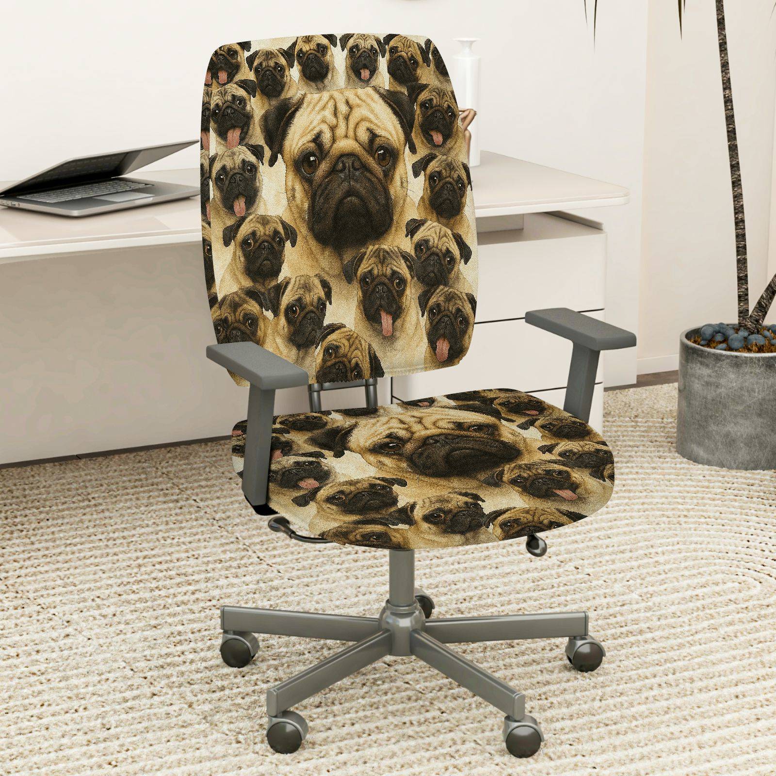 2-Piece Pug Dog Animal Print Cute Funny  Computer Chair Cover Set, Seat and Backrest