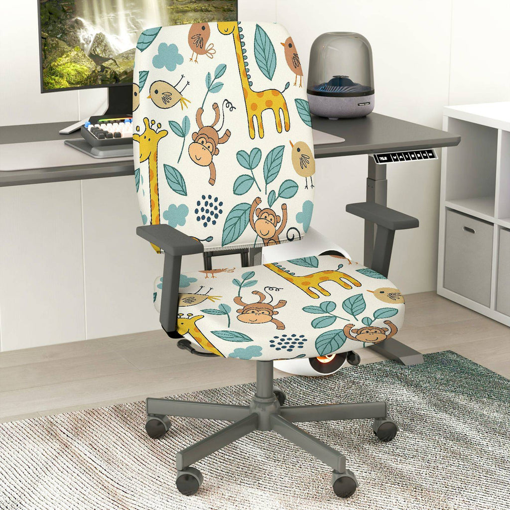 2-Piece Animal Jungle Monkey Giraffe Floral Leaf  Computer Chair Cover Set, Seat and Backrest