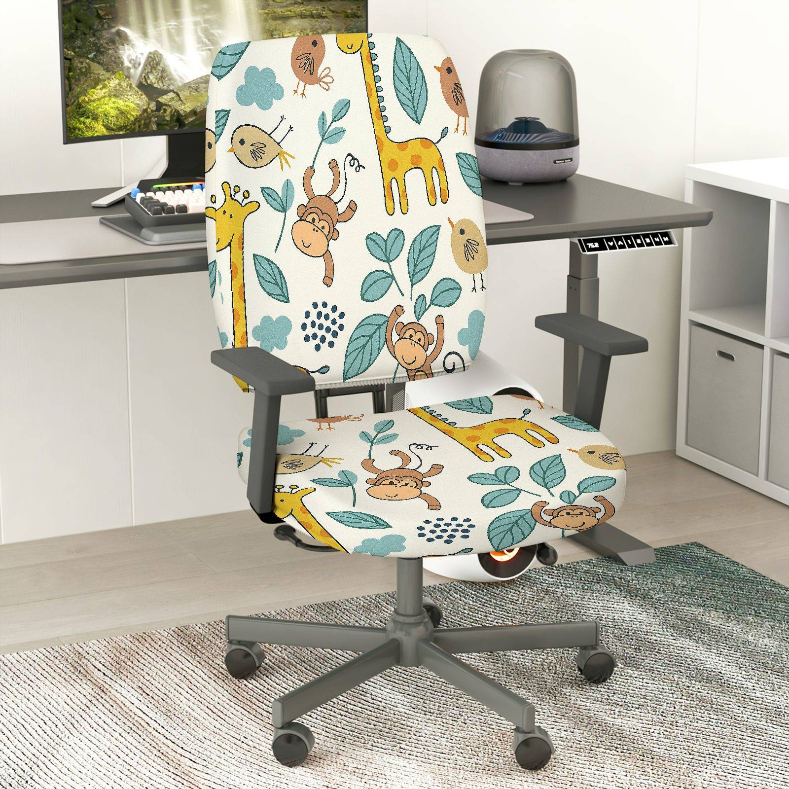 2-Piece Animal Jungle Monkey Giraffe Floral Leaf  Computer Chair Cover Set, Seat and Backrest