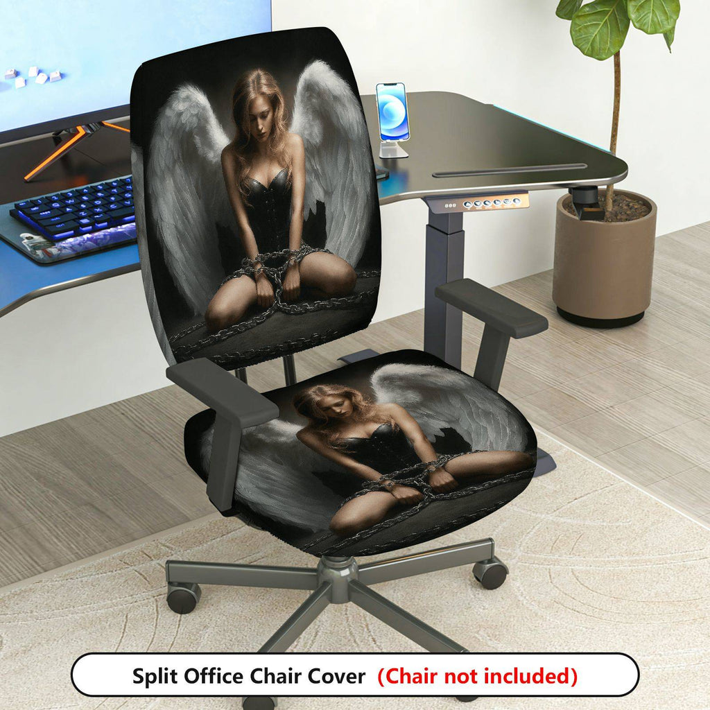 2-Piece Angel Wings Chains Black White Gothic  Computer Chair Cover Set, Seat and Backrest