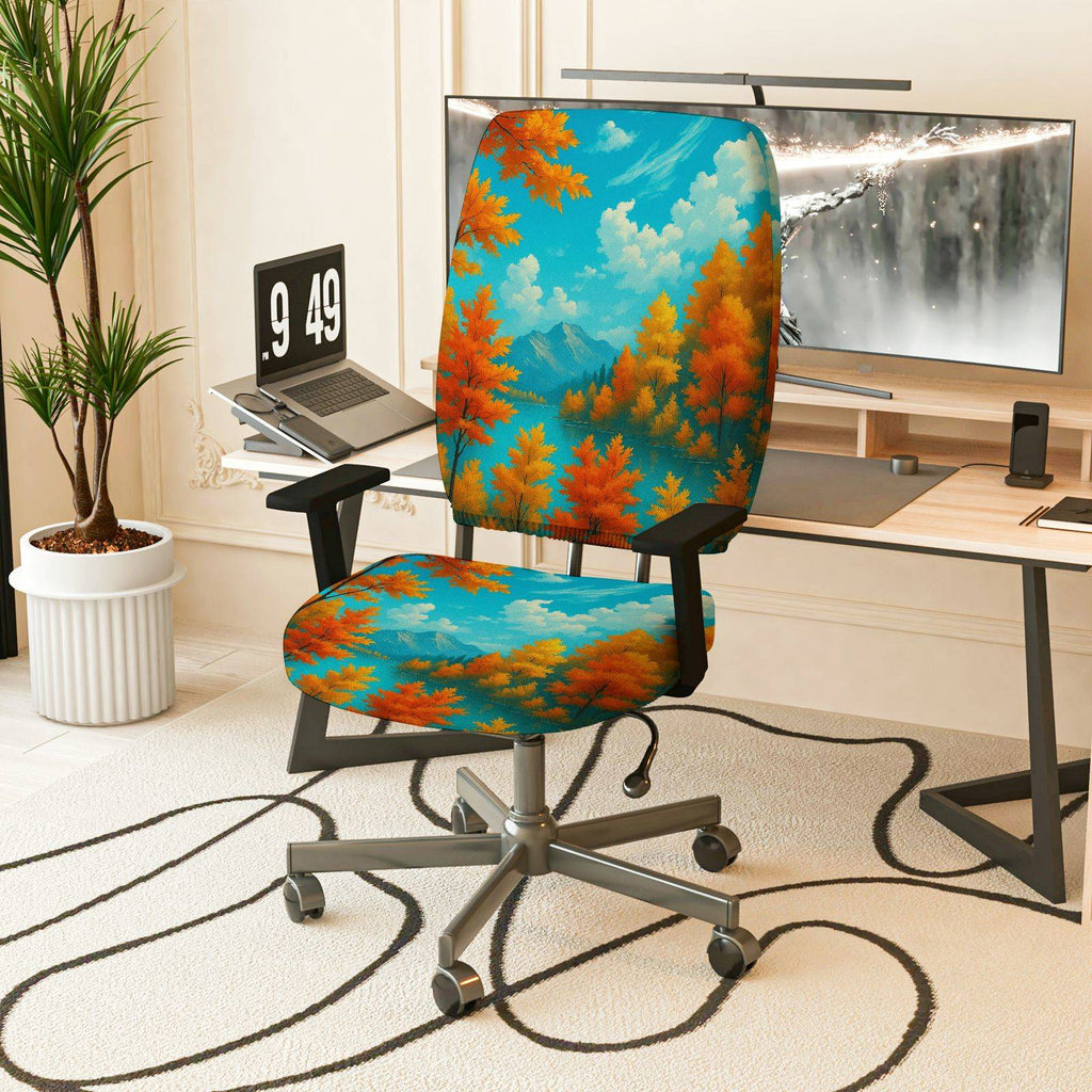 2-Piece Autumn Mountain Forest Scenic Nature  Computer Chair Cover Set, Seat and Backrest
