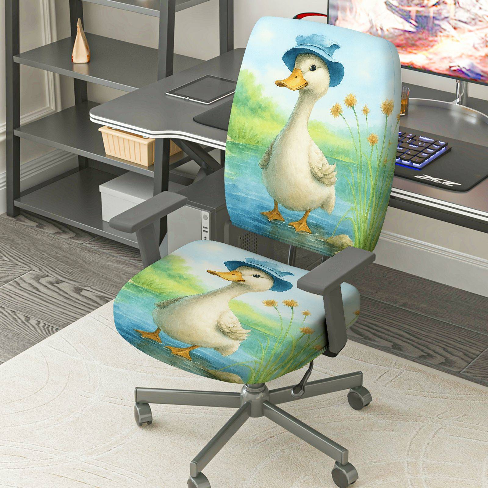 2-Piece Cute Animal Duck Blue Hat Nature Scenery  Computer Chair Cover Set, Seat and Backrest