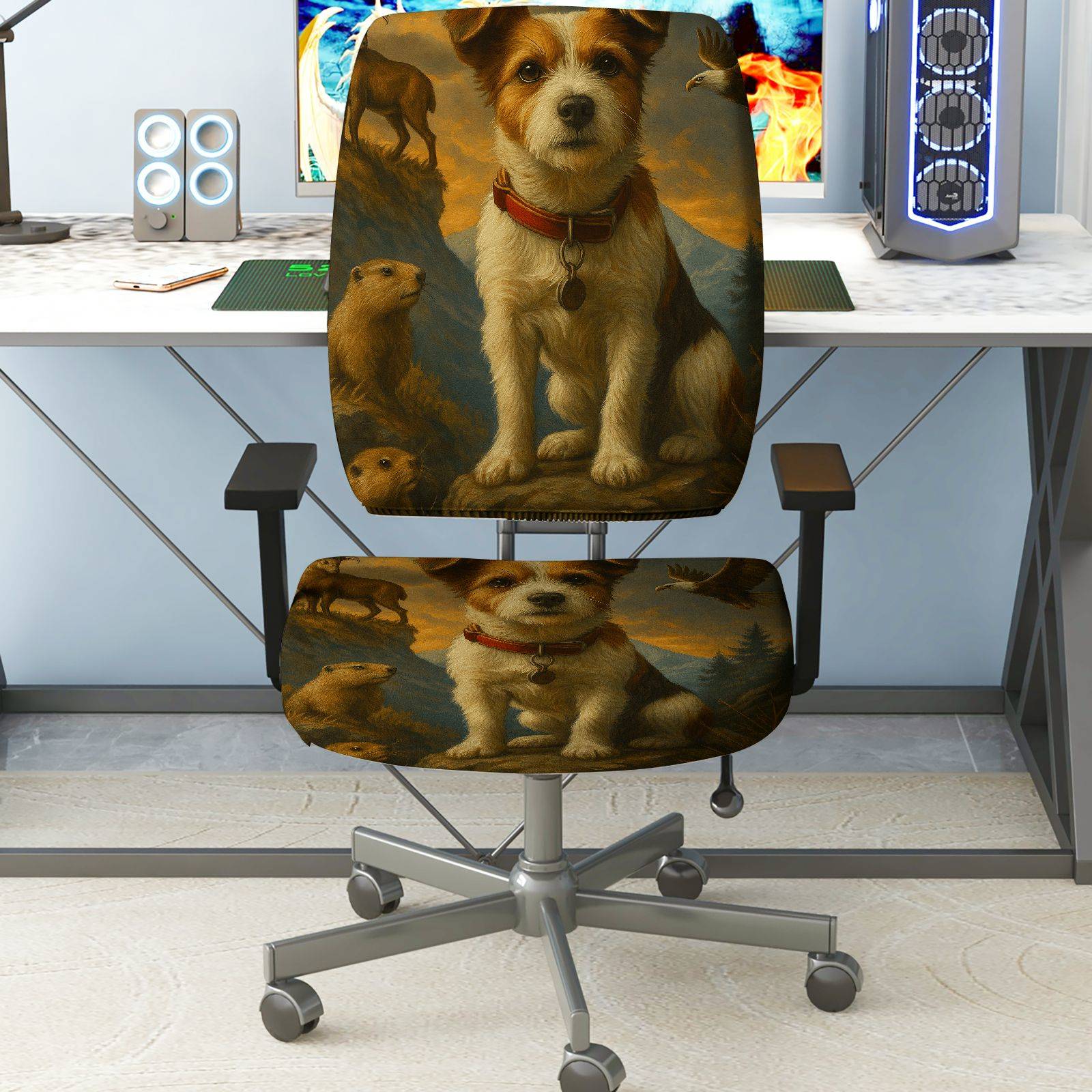 2-Piece Animal Nature Art Dog Wildlife  Computer Chair Cover Set, Seat and Backrest