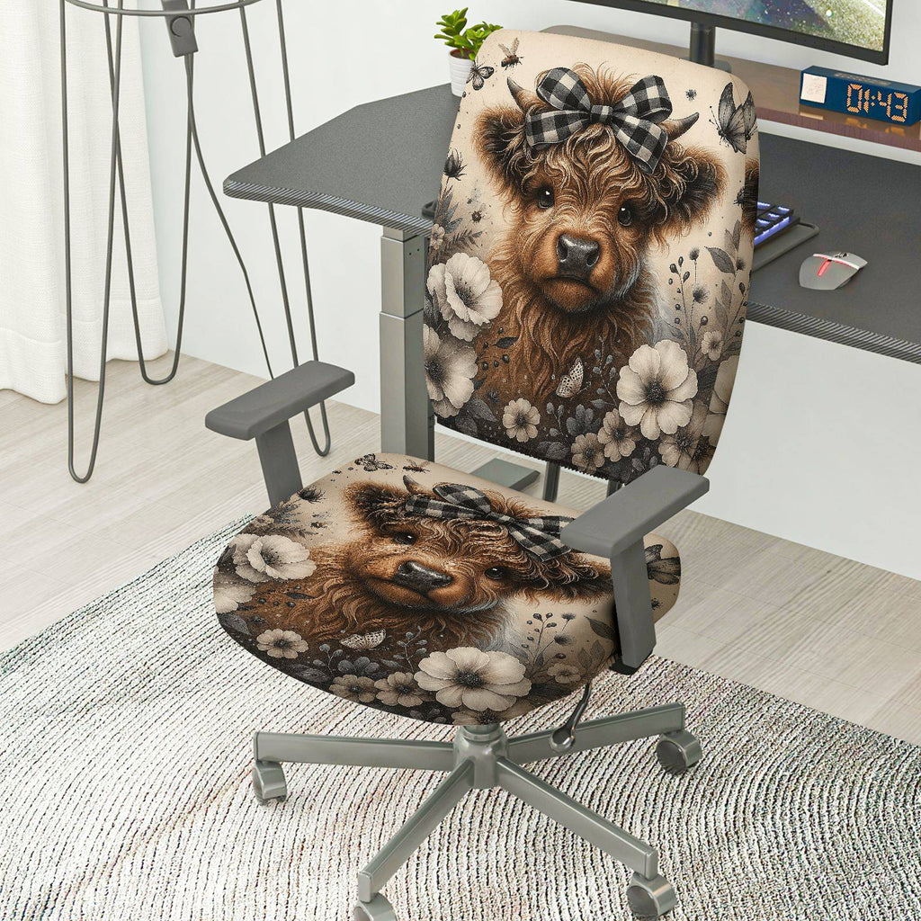 2-Piece Cute Animal Floral Bow Playful Holiday  Computer Chair Cover Set, Seat and Backrest