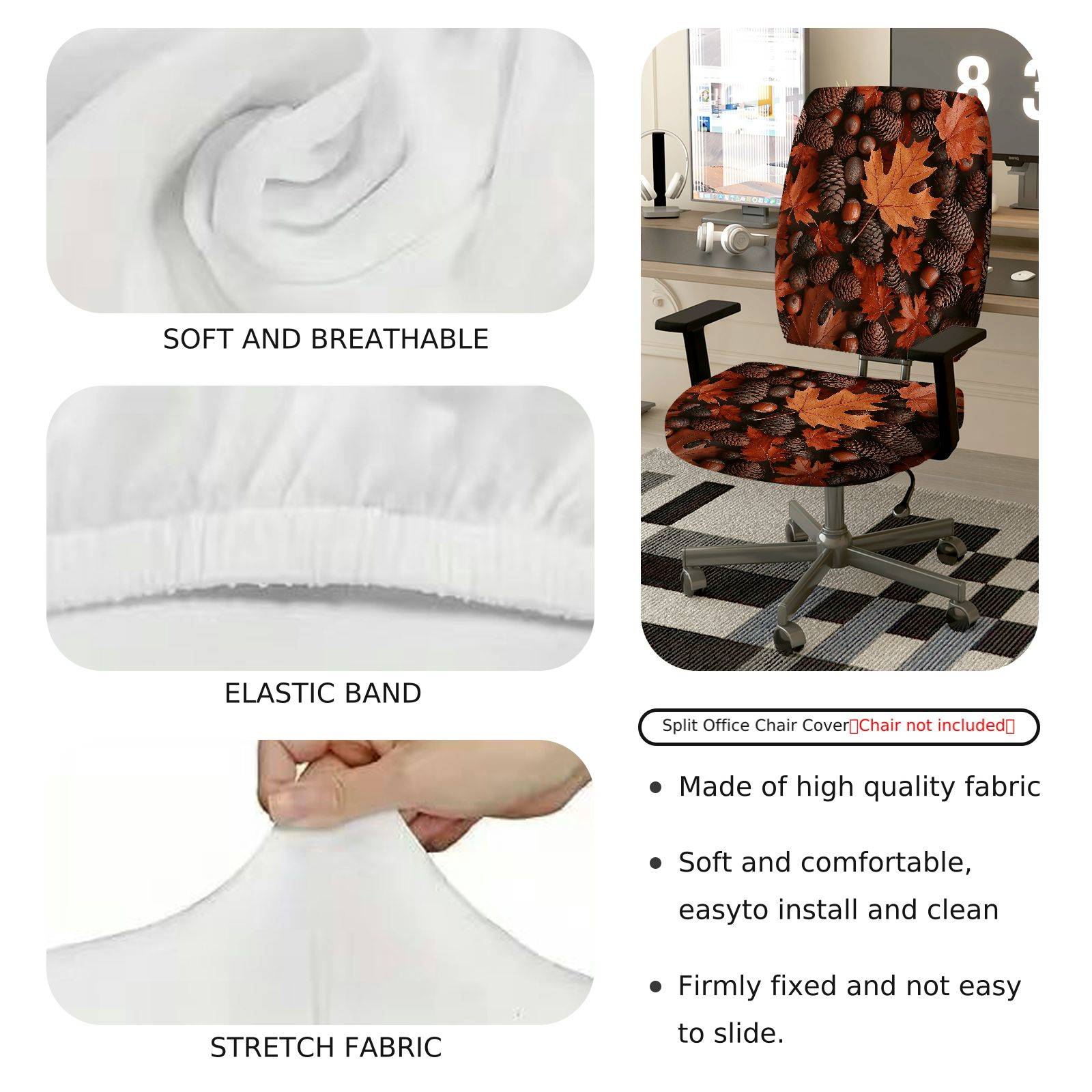 2-Piece Autumn Leaves Pinecones Acorns Fall Decorative  Computer Chair Cover Set, Seat and Backrest