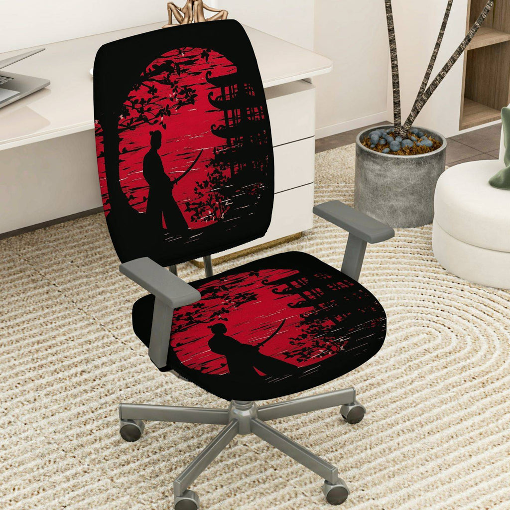 2-Piece Samurai Sunset Japanese Art Red Black  Computer Chair Cover Set, Seat and Backrest