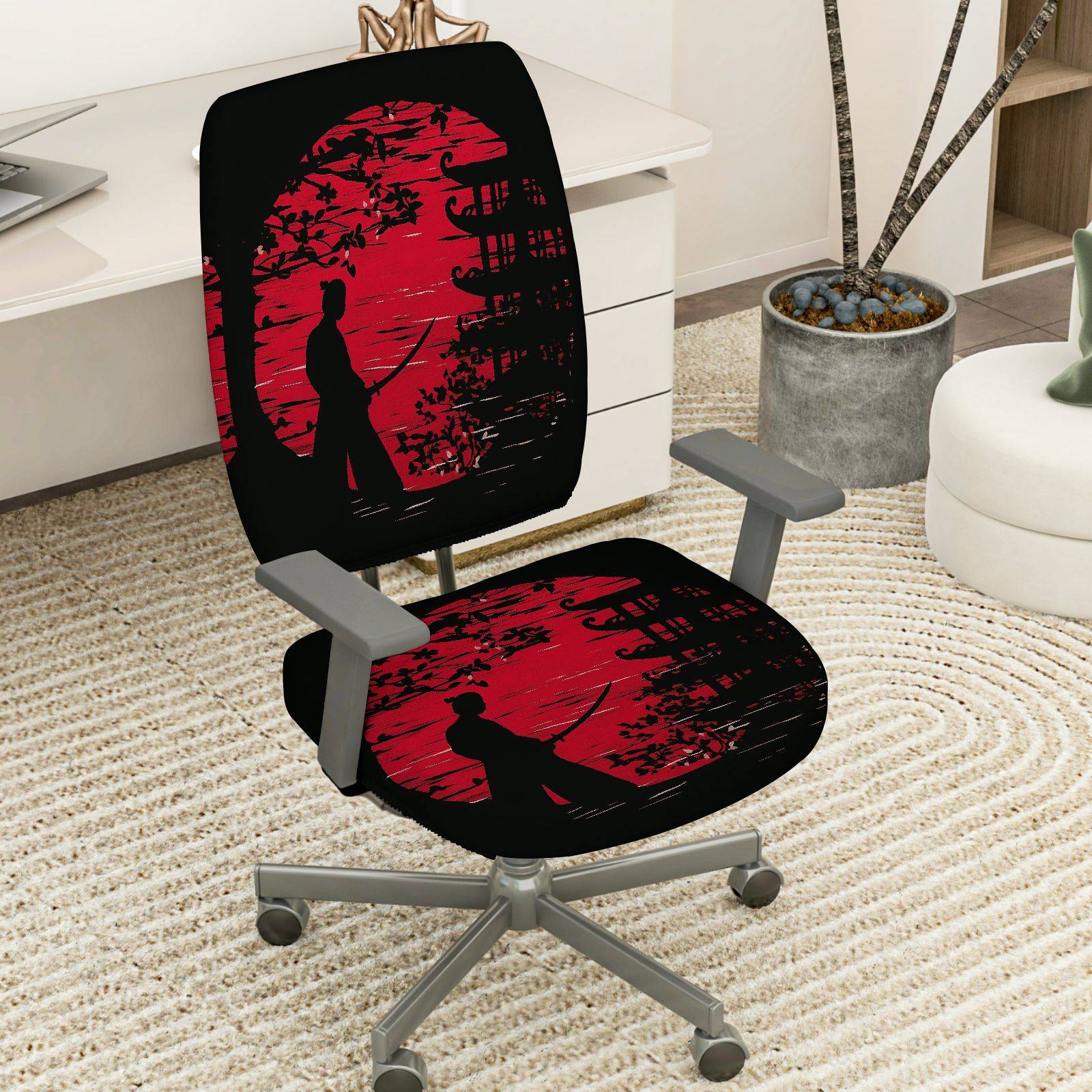 2-Piece Samurai Sunset Japanese Art Red Black  Computer Chair Cover Set, Seat and Backrest