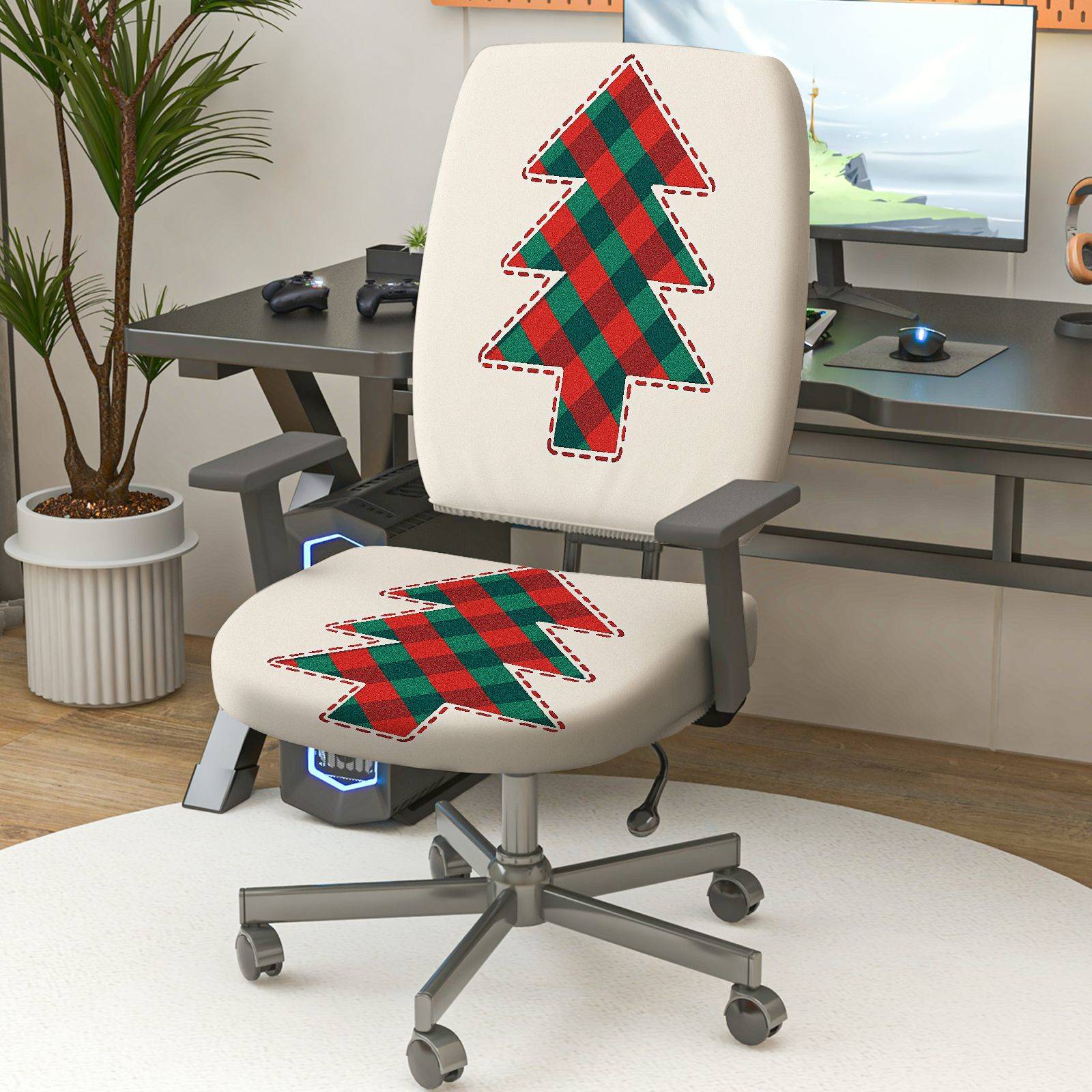 2-Piece Christmas plaid tree pattern holiday decoration  Computer Chair Cover Set, Seat and Backrest