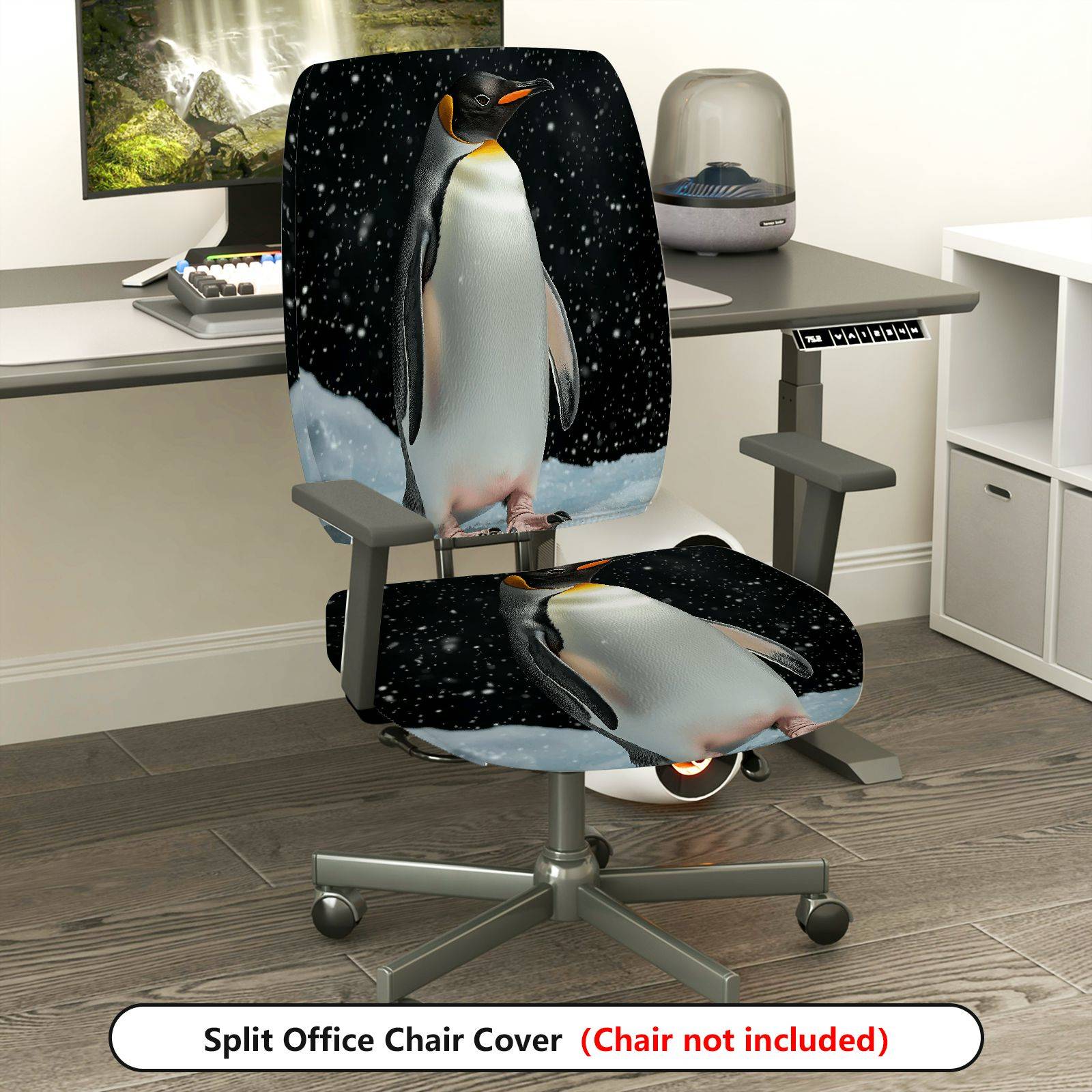 2-Piece Penguin Snow Winter Animal Nature Decor  Computer Chair Cover Set, Seat and Backrest