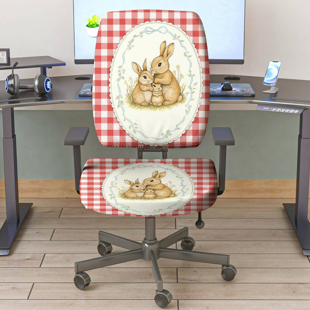 2-Piece Cute Bunny Red Plaid Spring Easter  Computer Chair Cover Set, Seat and Backrest