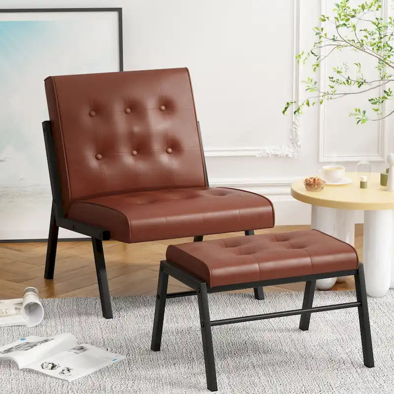 Mieres Mid-Century Style Faux Leather Upholstered Accent Chair with Ottoman, 23.6 Wide Tufted Armless Chair for Living Room