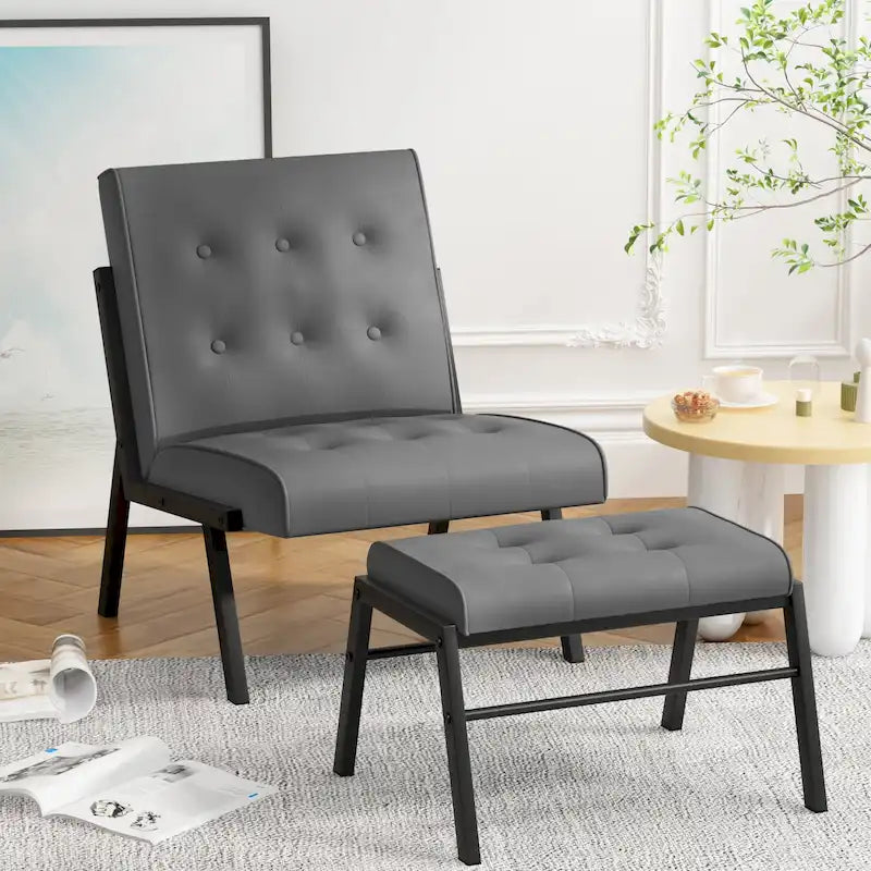 Mieres Mid-Century Style Faux Leather Upholstered Accent Chair with Ottoman, 23.6 Wide Tufted Armless Chair for Living Room