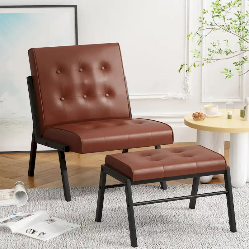 Mieres Mid-Century Style Faux Leather Upholstered Accent Chair with Ottoman, 23.6 Wide Tufted Armless Chair for Living Room