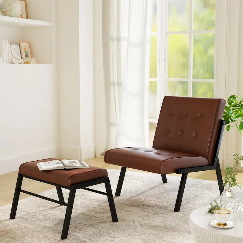 Mieres Mid-Century Style Faux Leather Upholstered Accent Chair with Ottoman, 23.6 Wide Tufted Armless Chair for Living Room