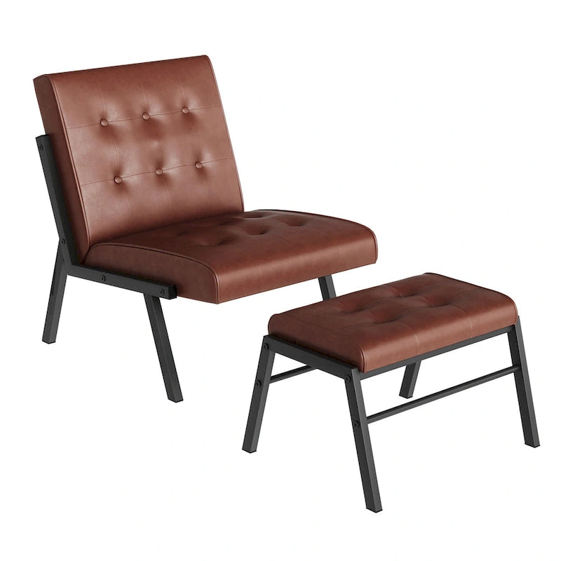 Mieres Mid-Century Style Faux Leather Upholstered Accent Chair with Ottoman, 23.6 Wide Tufted Armless Chair for Living Room