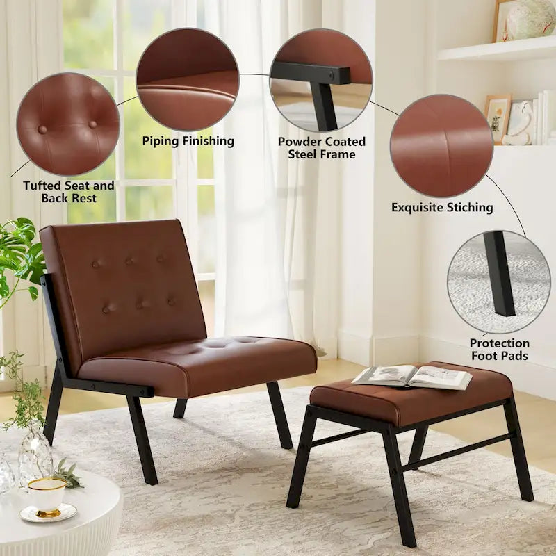 Mieres Mid-Century Style Faux Leather Upholstered Accent Chair with Ottoman, 23.6 Wide Tufted Armless Chair for Living Room