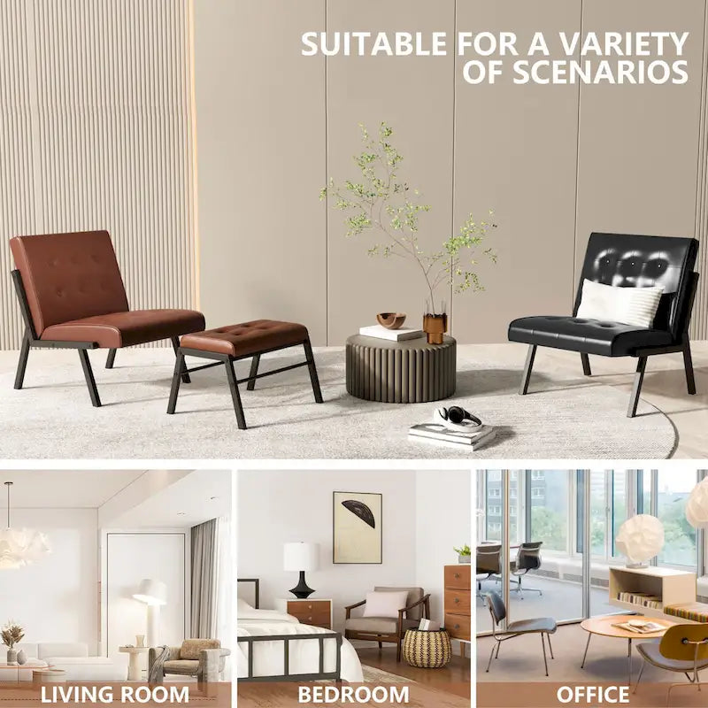 Mieres Mid-Century Style Faux Leather Upholstered Accent Chair with Ottoman, 23.6 Wide Tufted Armless Chair for Living Room