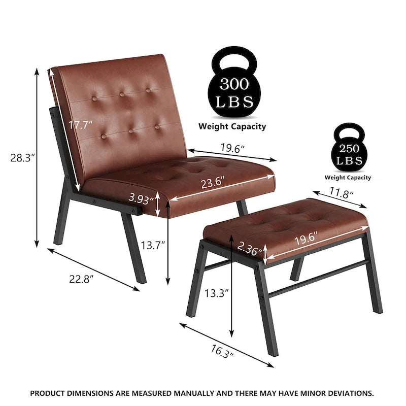 Mieres Mid-Century Style Faux Leather Upholstered Accent Chair with Ottoman, 23.6 Wide Tufted Armless Chair for Living Room