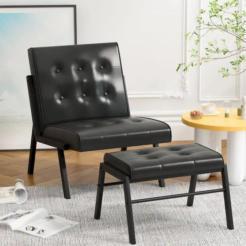 Mieres Mid-Century Style Faux Leather Upholstered Accent Chair with Ottoman, 23.6 Wide Tufted Armless Chair for Living Room